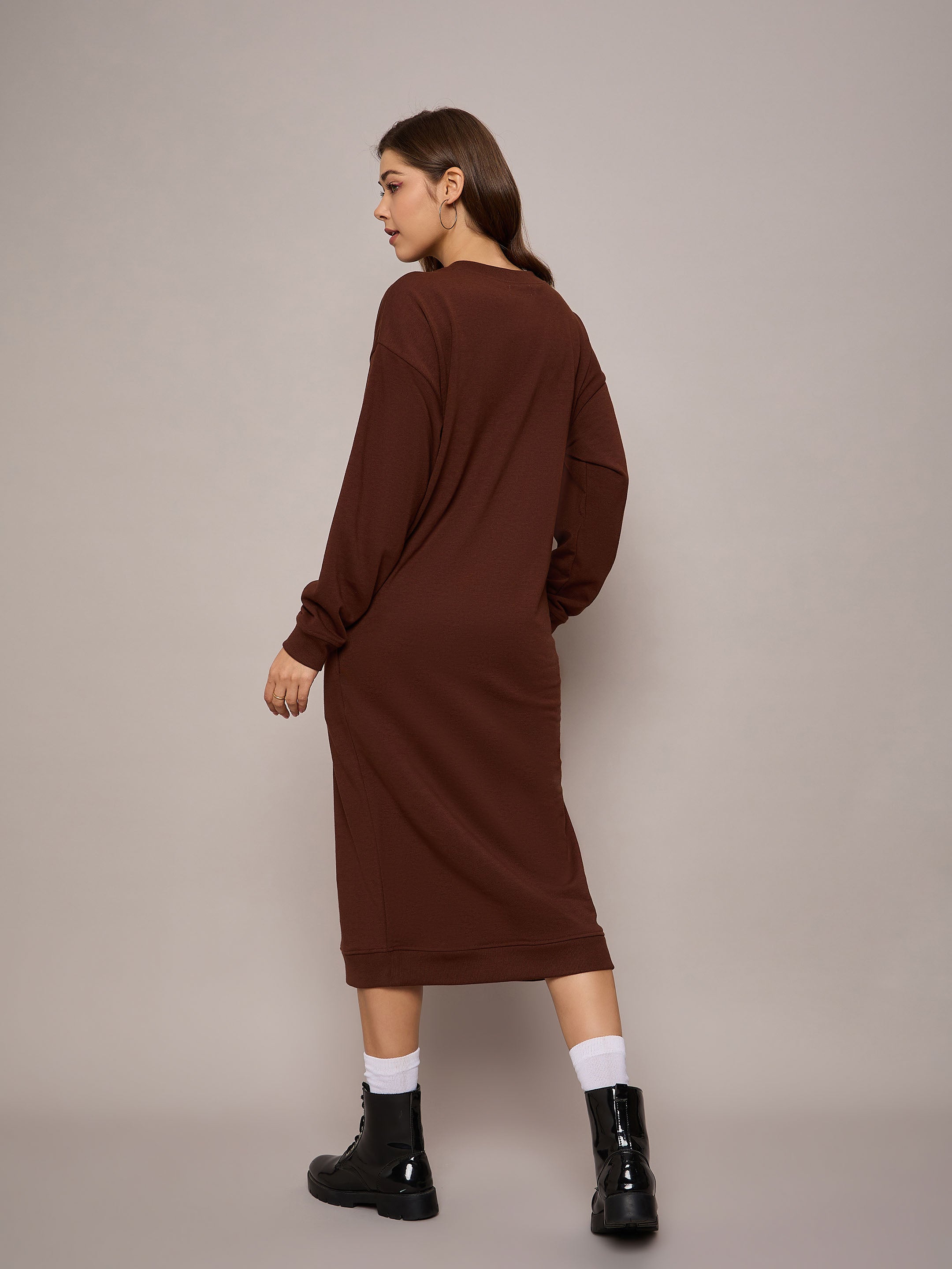 Women Brown Terry Oversized Midi Sweat Dress