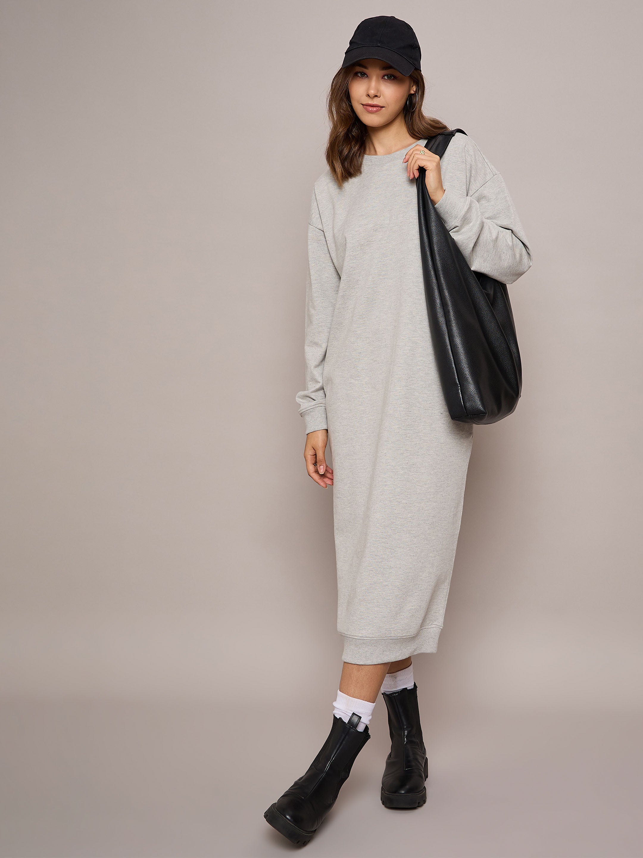 Women Grey Melange Terry Oversized Midi Sweat Dress