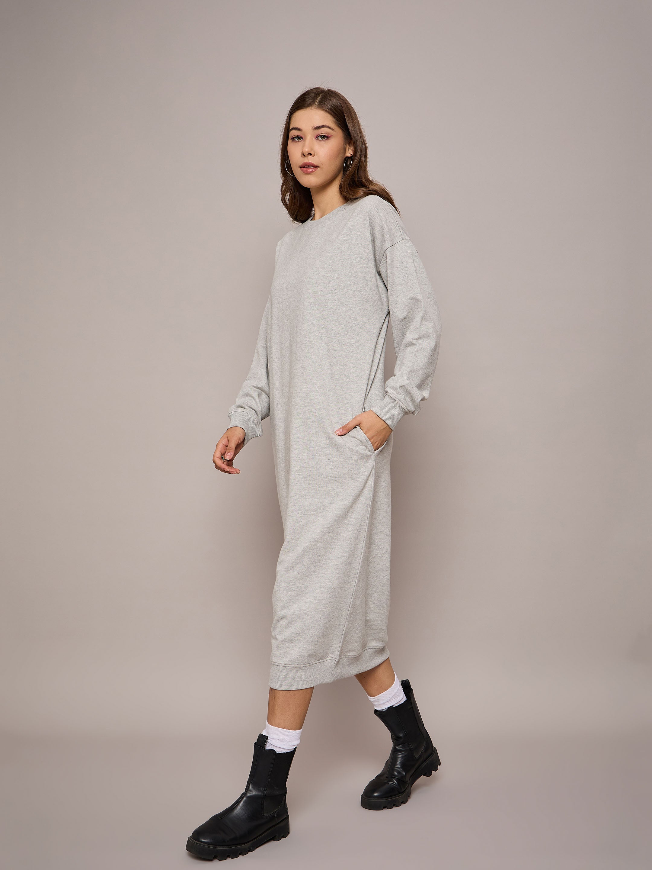 Women Grey Melange Terry Oversized Midi Sweat Dress