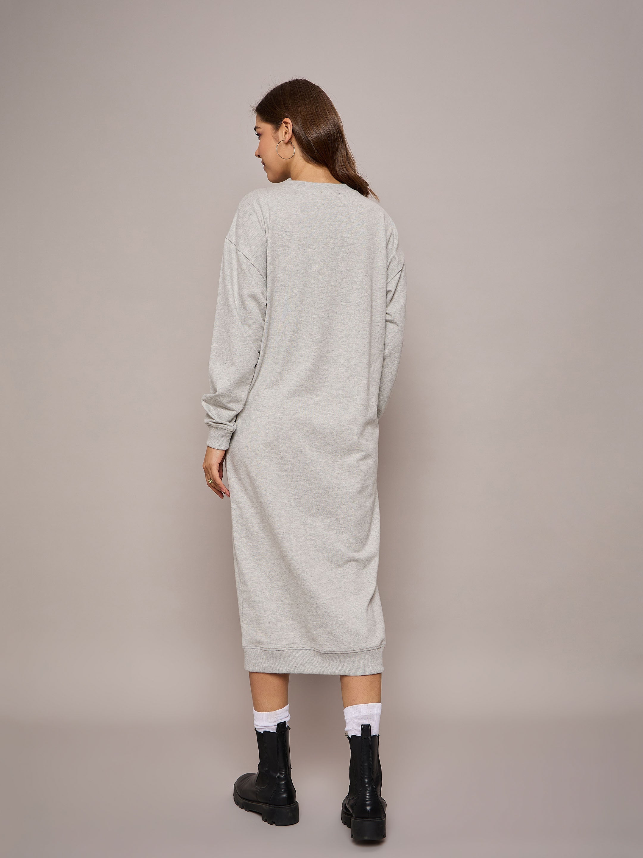 Women Grey Melange Terry Oversized Midi Sweat Dress