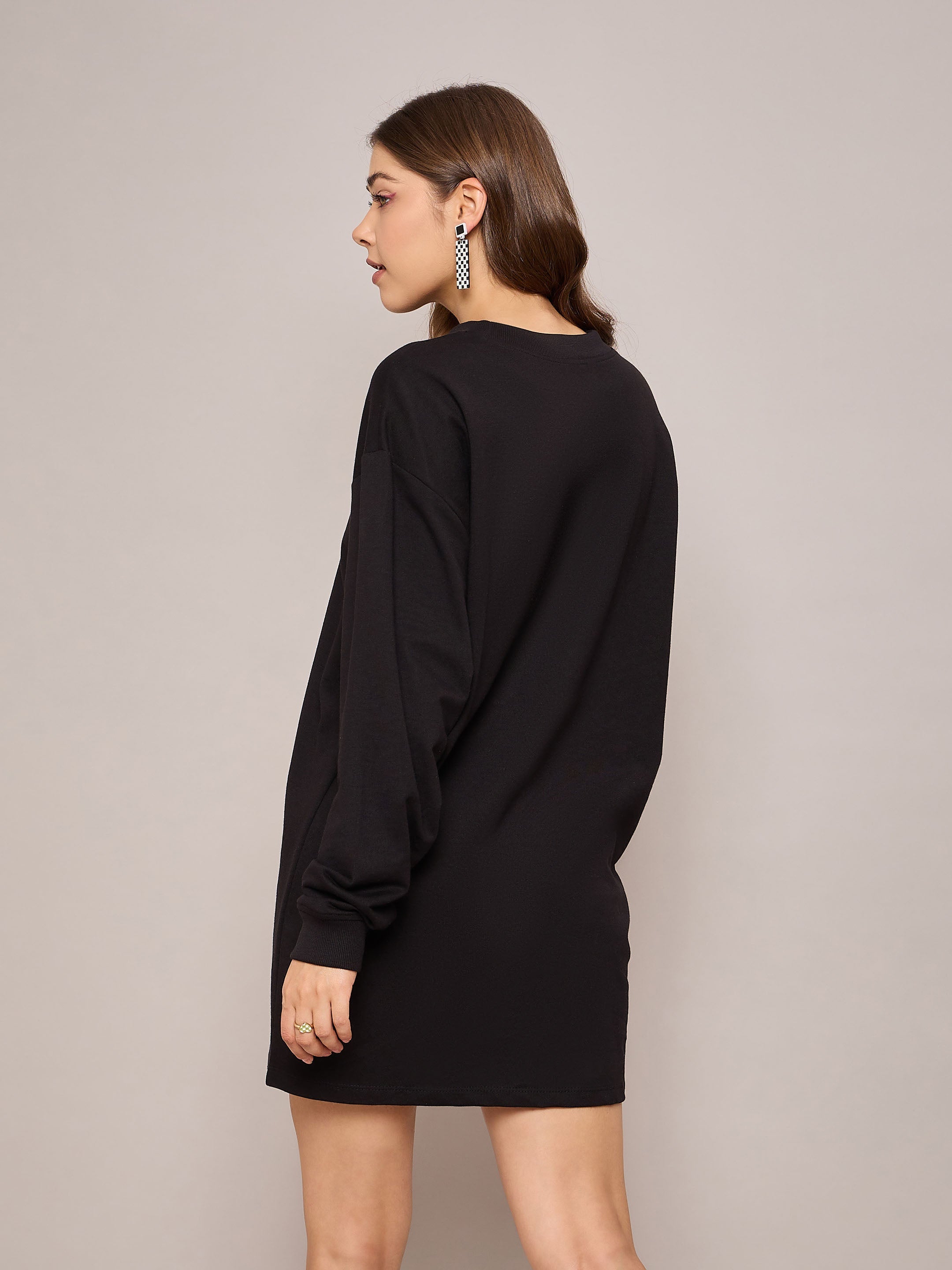 Women Black Terry Oversized Short Sweat Dress