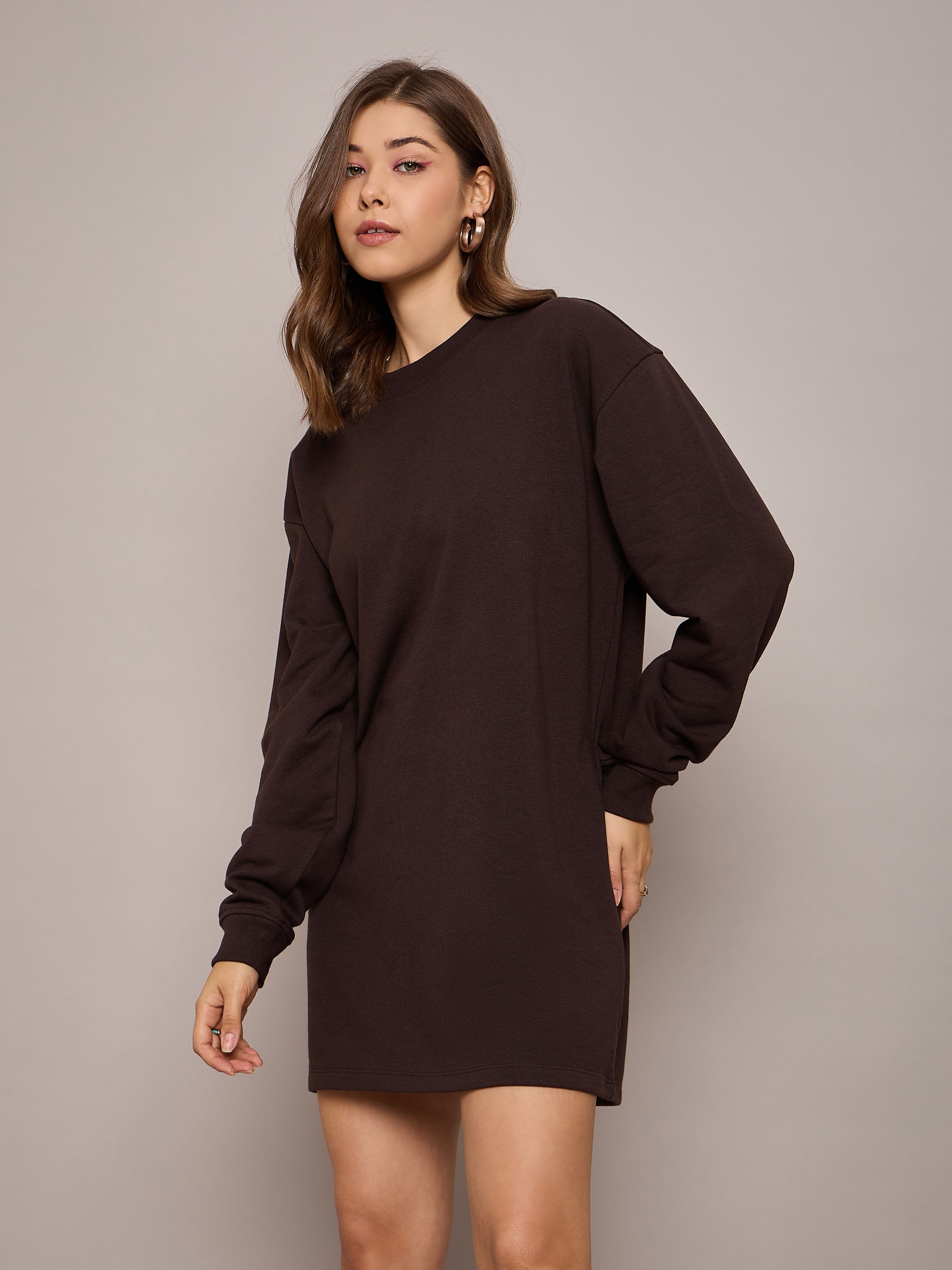 Women Brown Terry Oversized Short Sweat Dress