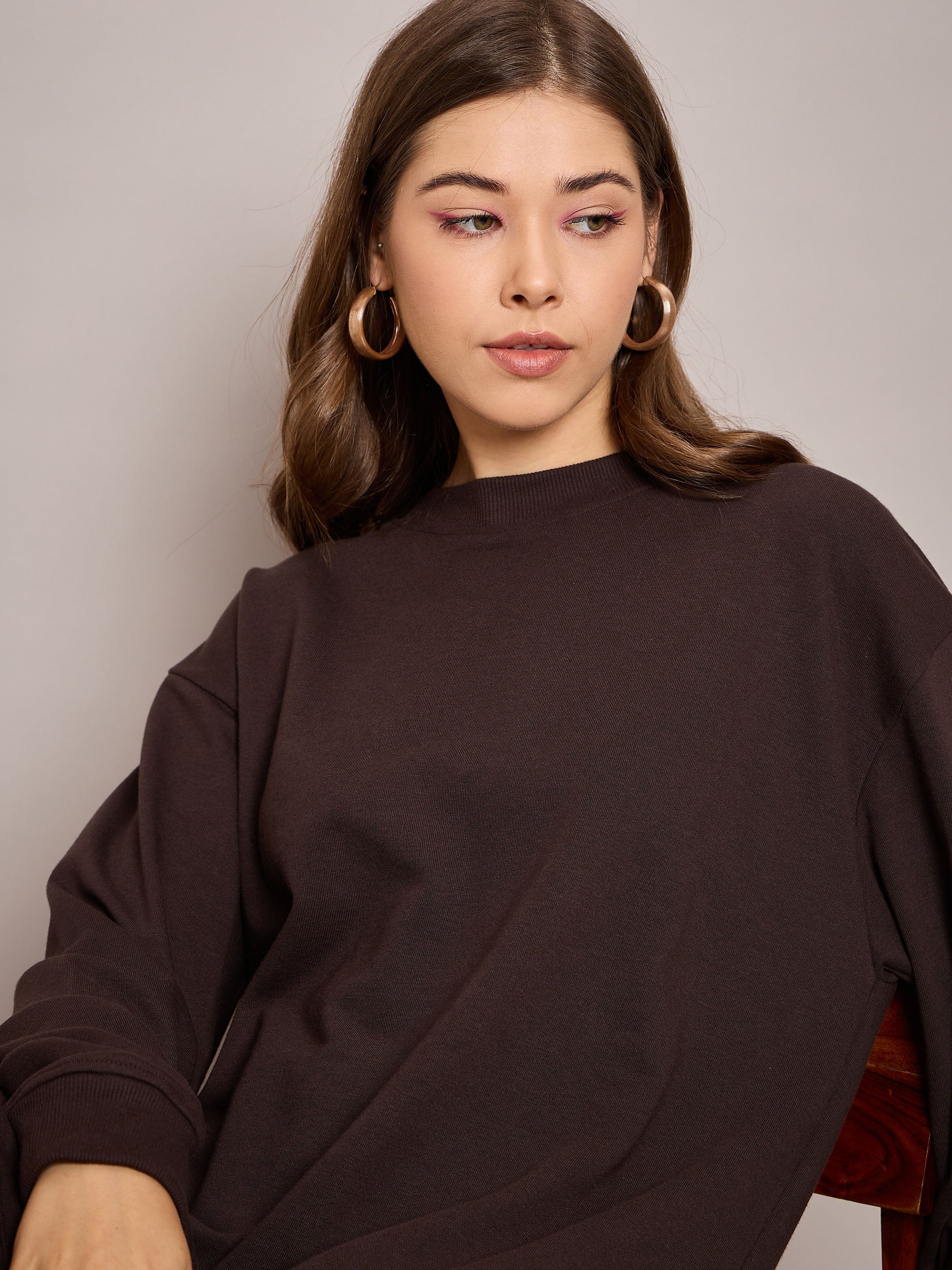 Women Brown Terry Oversized Short Sweat Dress