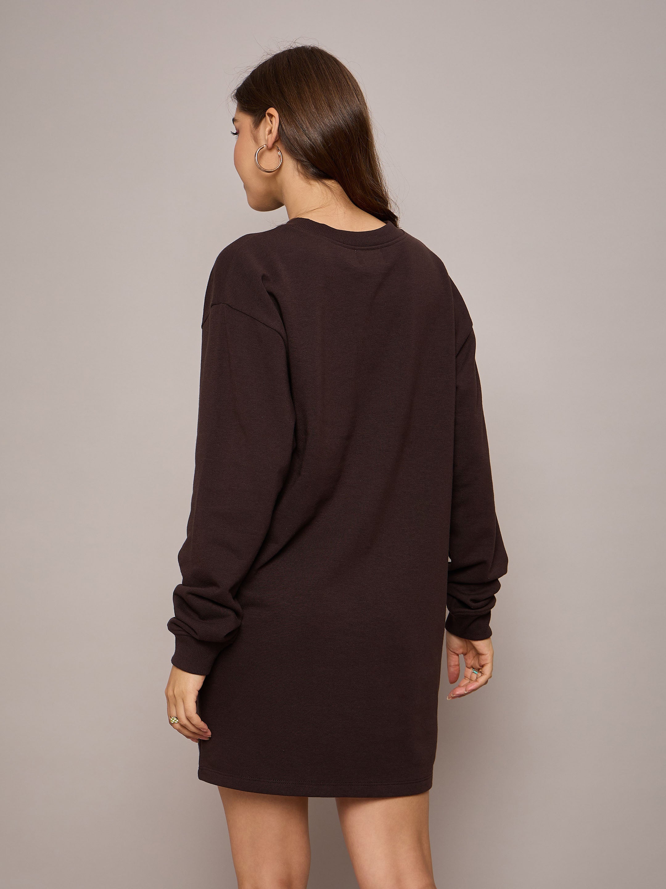 Women Brown Terry Oversized Short Sweat Dress