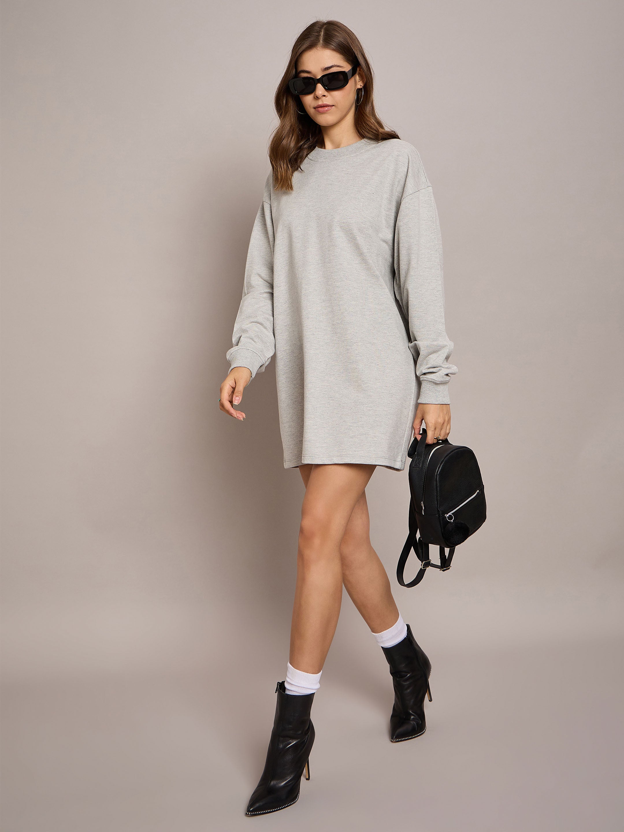 Women Grey Melange Terry Oversized Short Sweat Dress