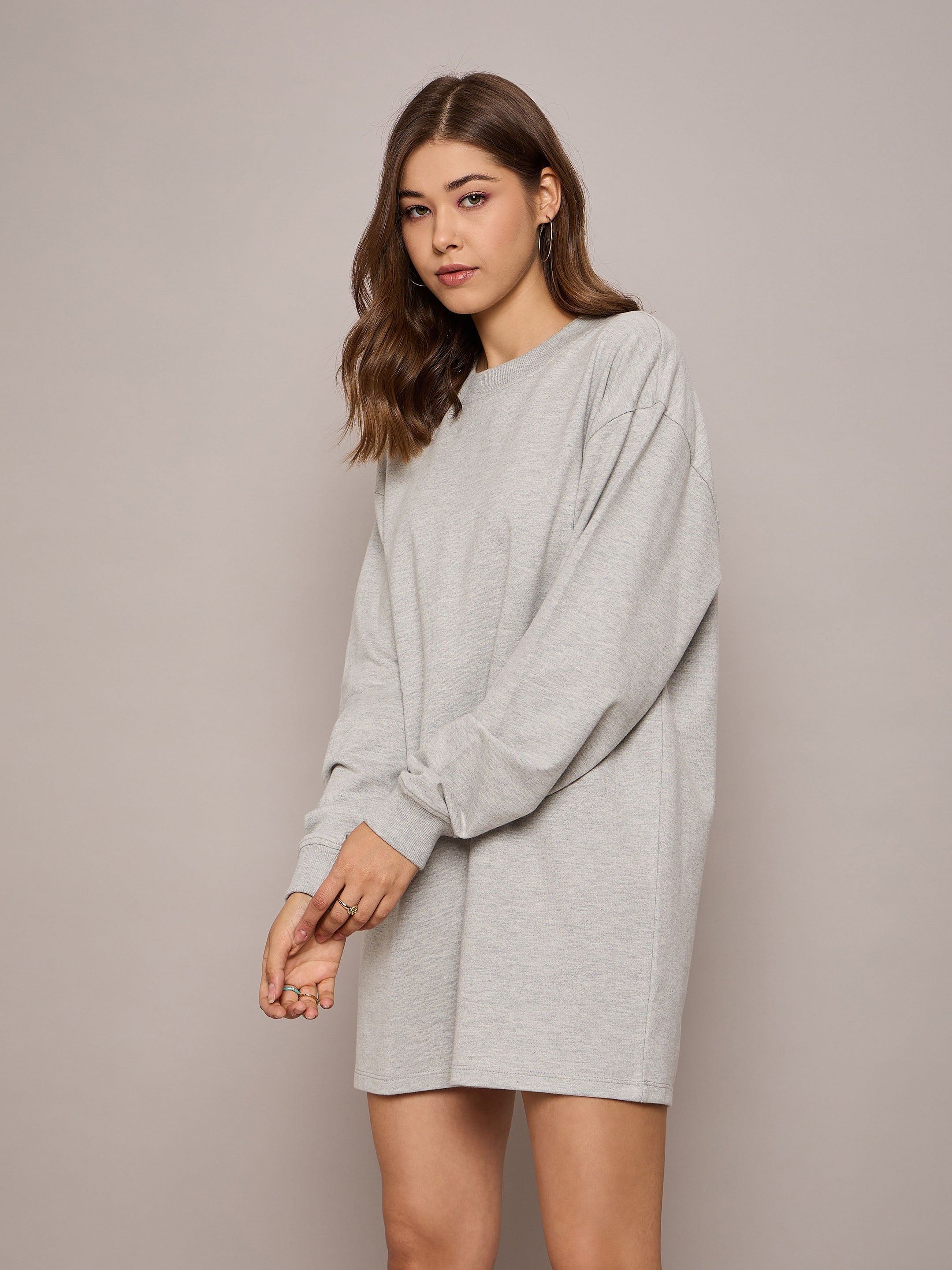 Women Grey Melange Terry Oversized Short Sweat Dress