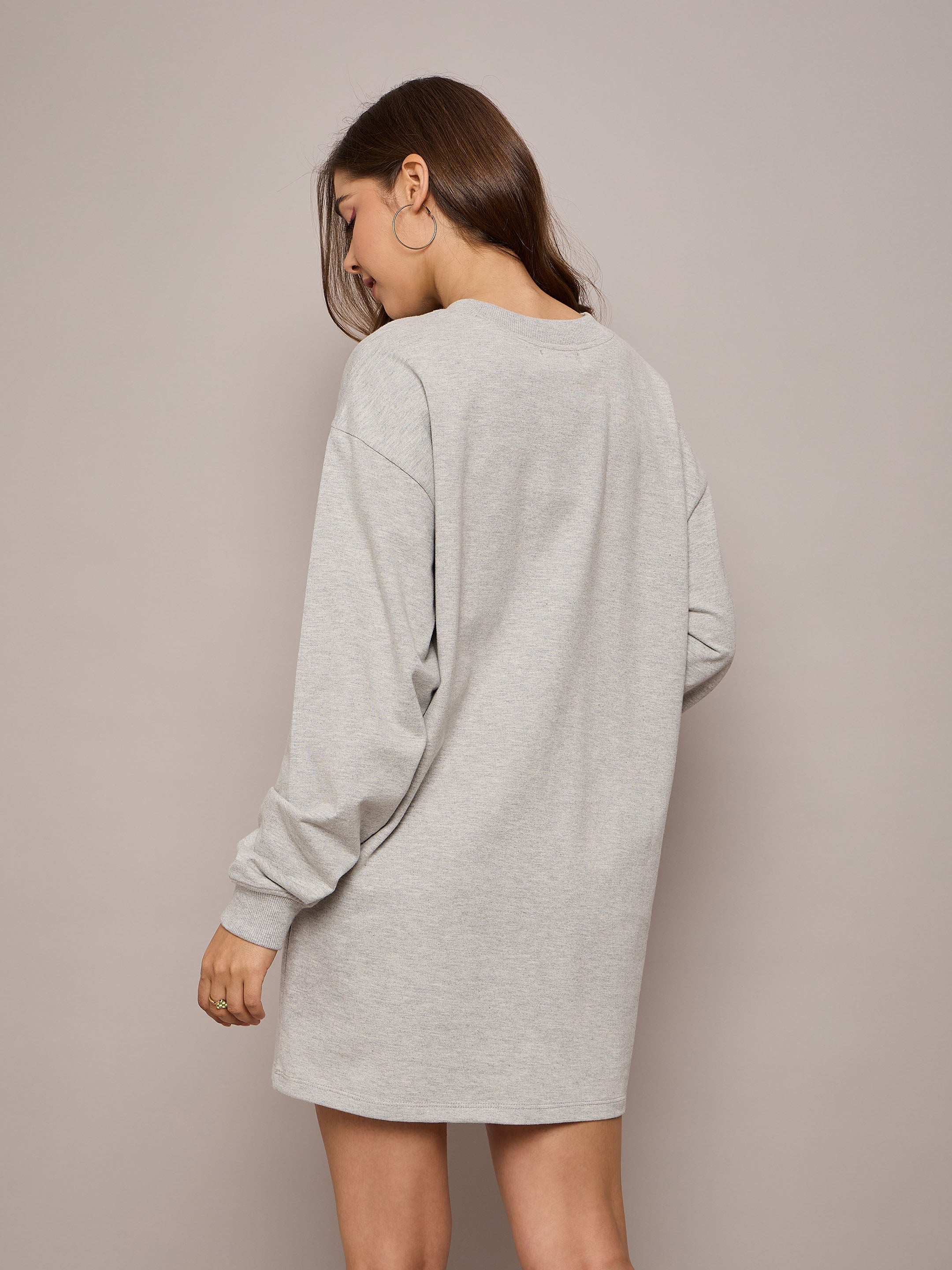 Women Grey Melange Terry Oversized Short Sweat Dress