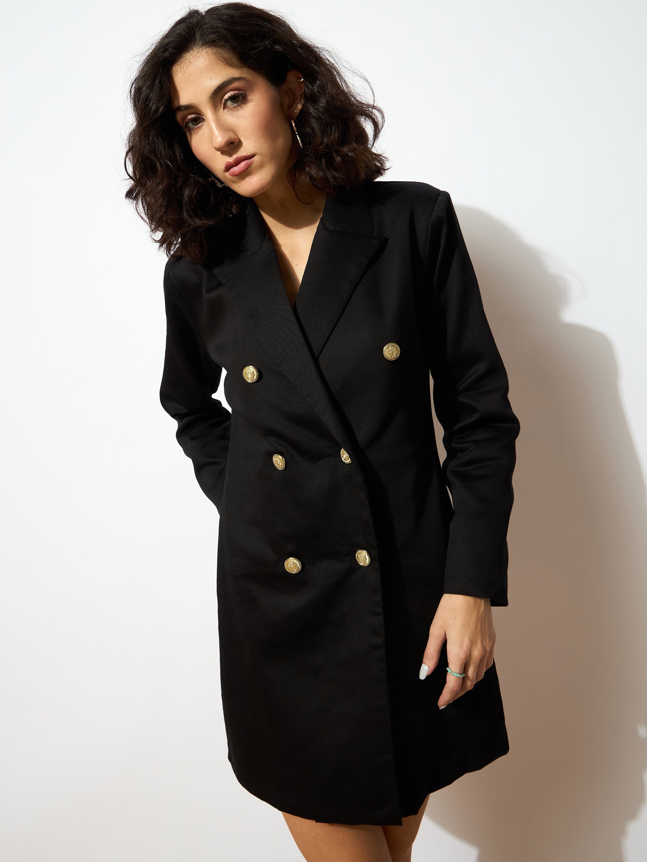 Women Black Full Sleeves Double Breasted Blazer Dress