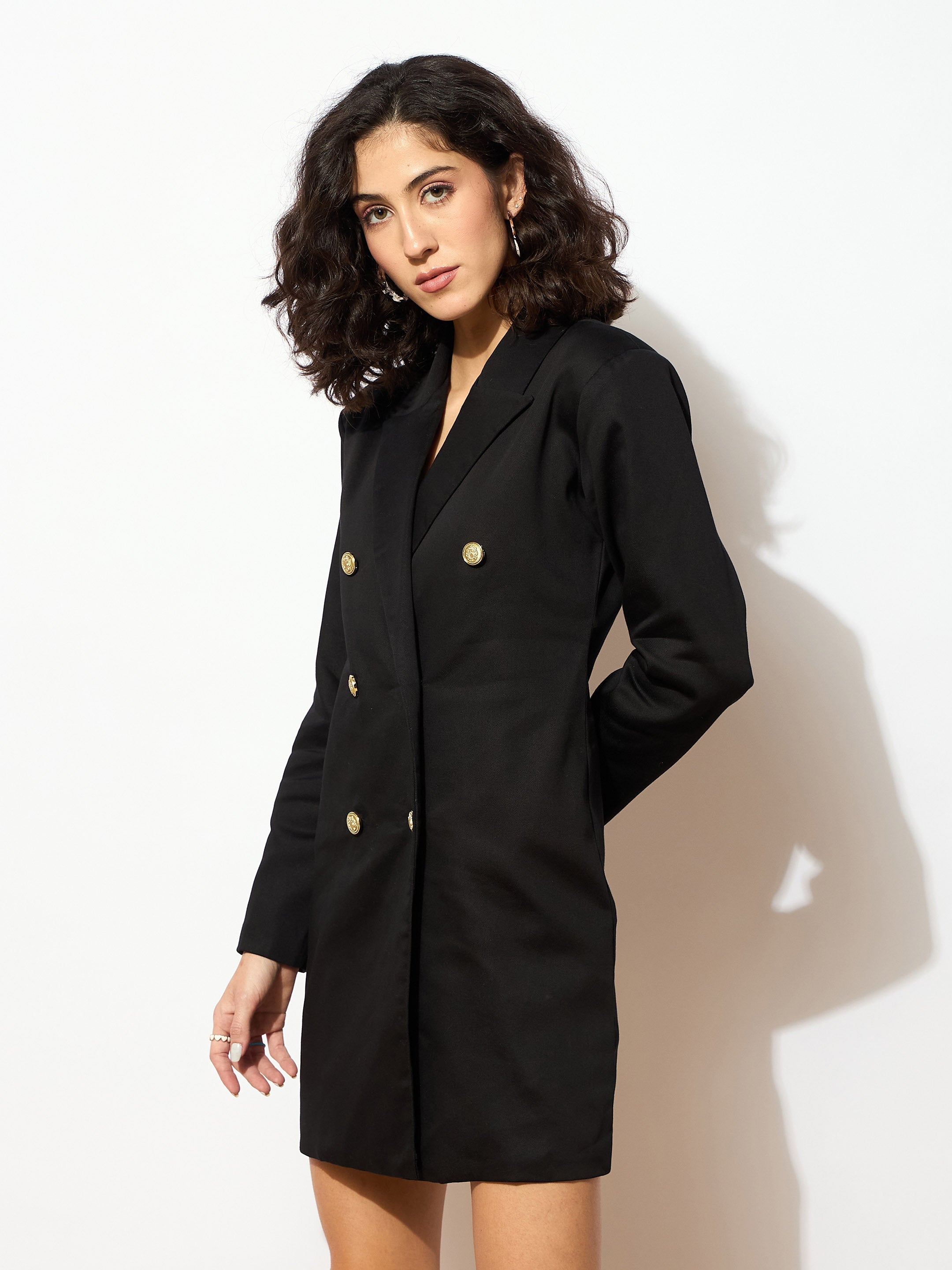 Women Black Full Sleeves Double Breasted Blazer Dress