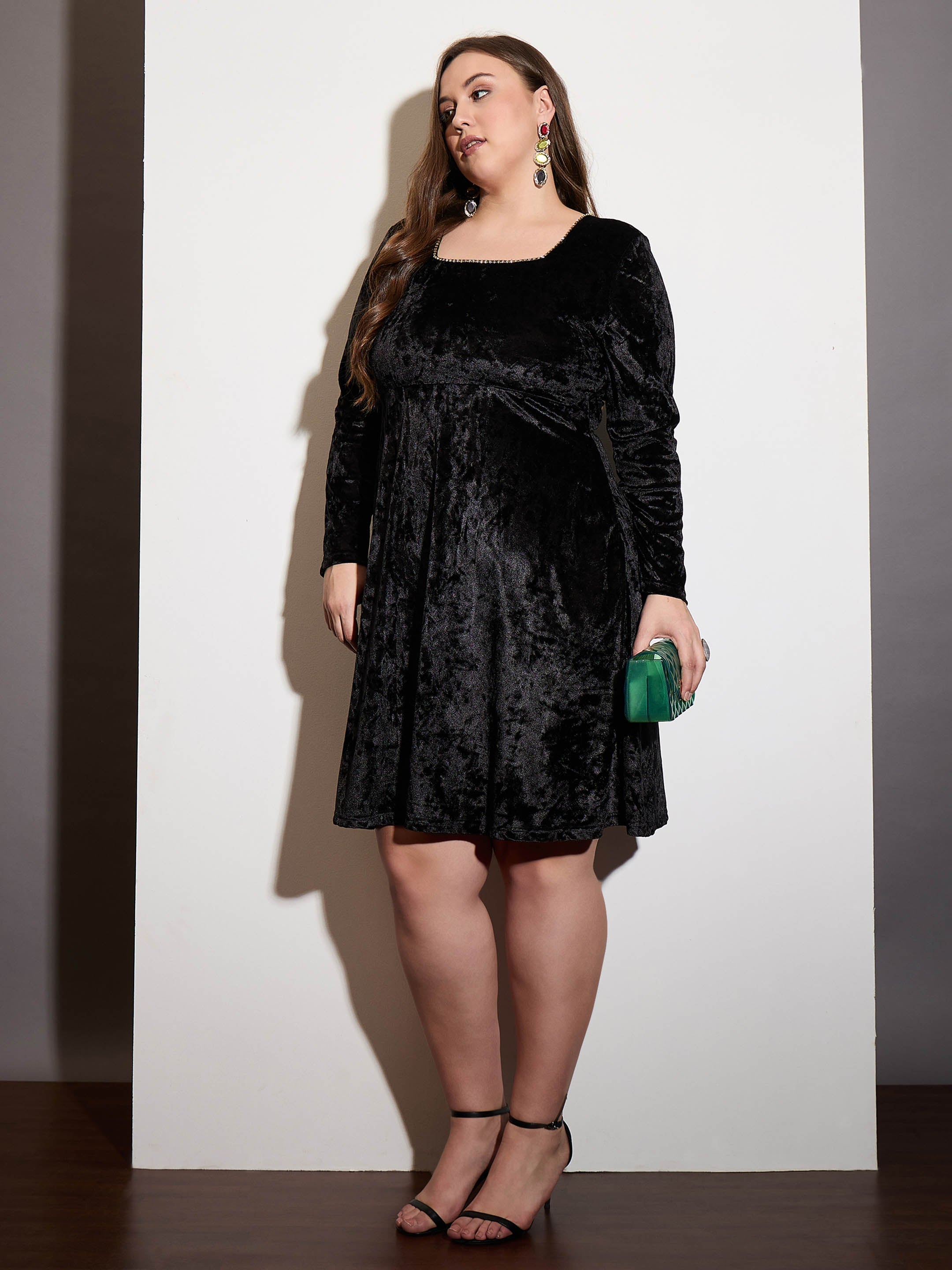 Women Black Velvet Square Neck Flare Dress