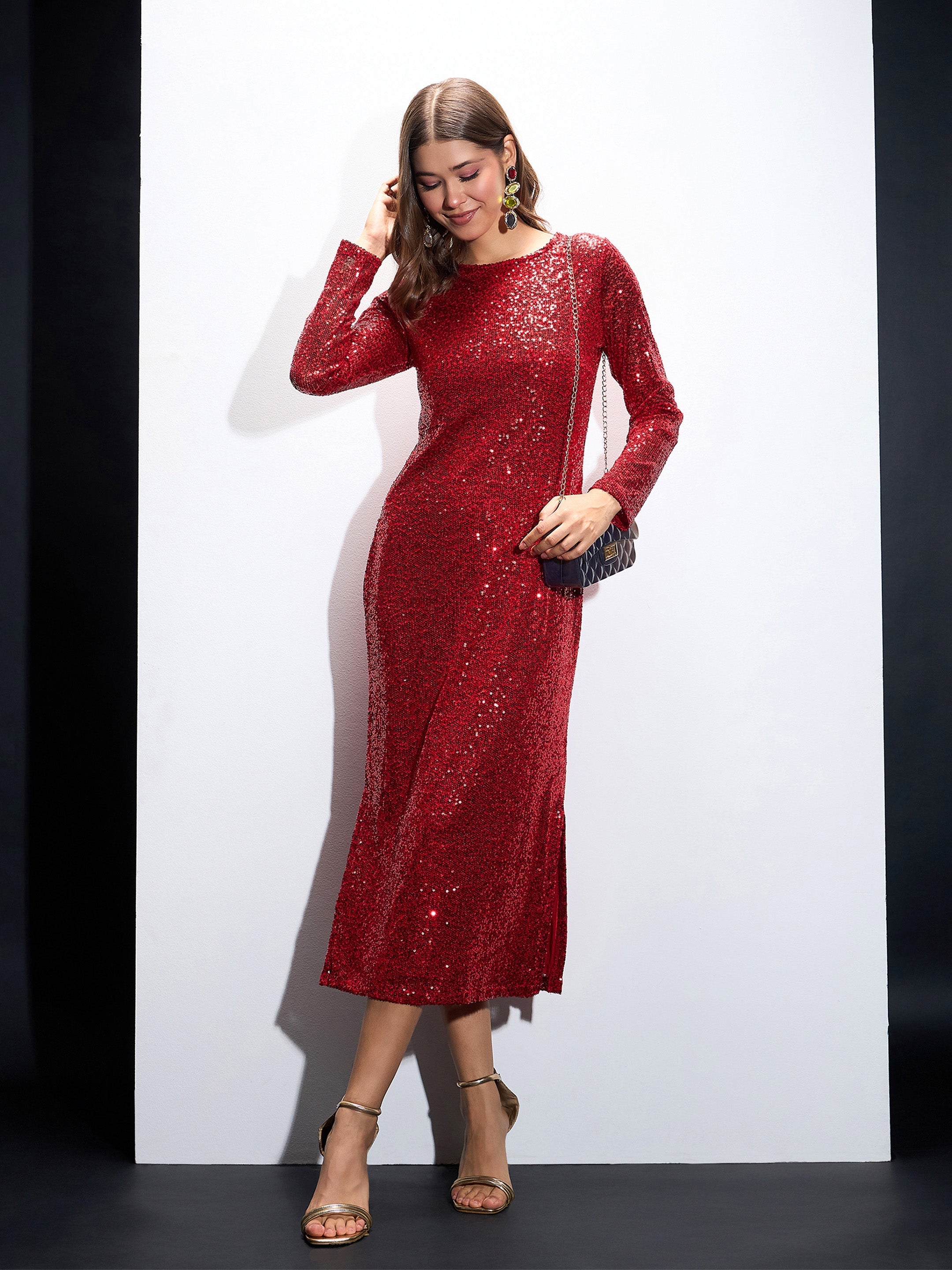 Women Red Sequin Round Neck Side Slit Midi Dress