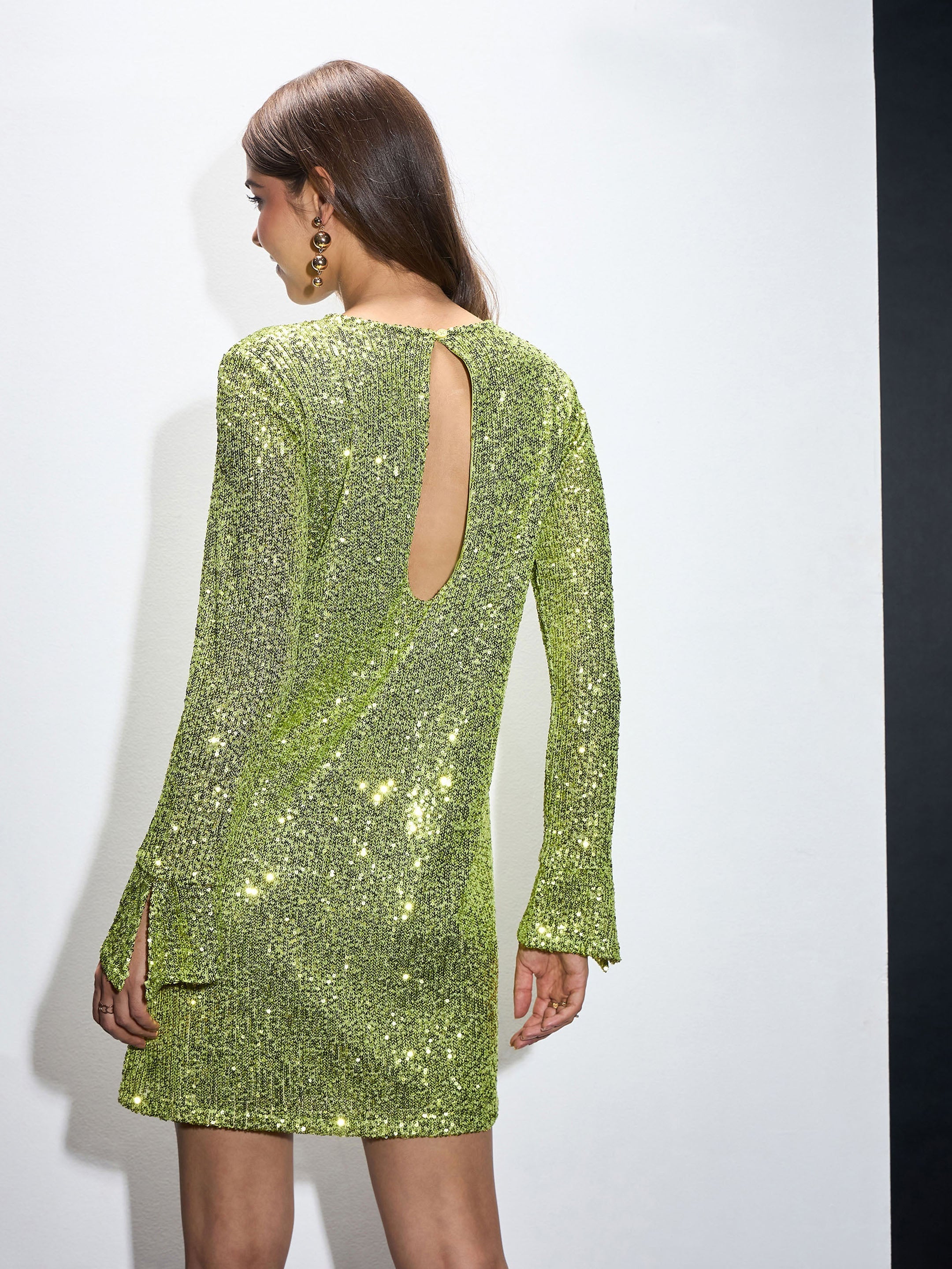 Women Green Sequin Back Cut-Out Short Dress