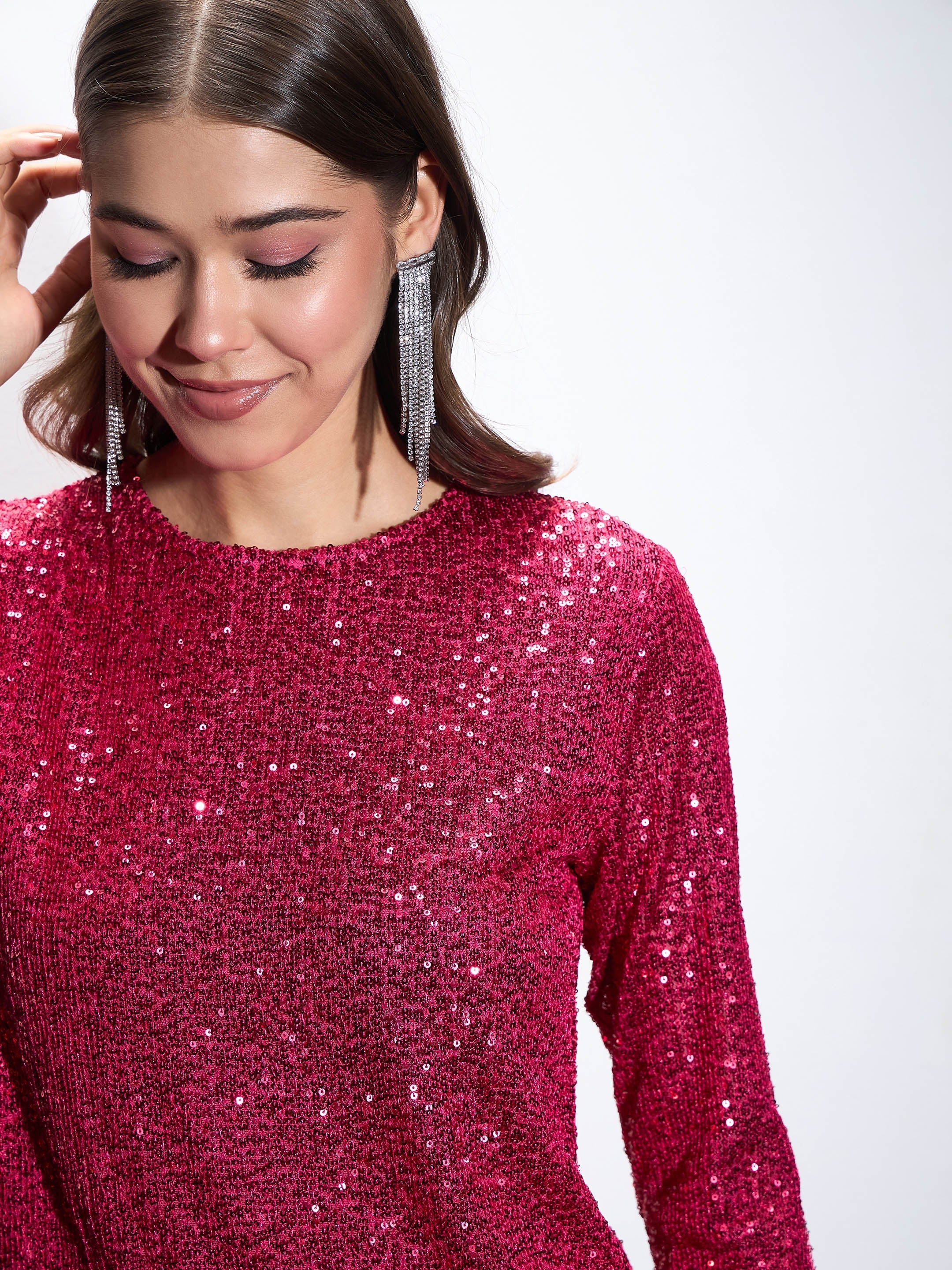 Women Fuchsia Sequin Back Cut-Out Short Dress