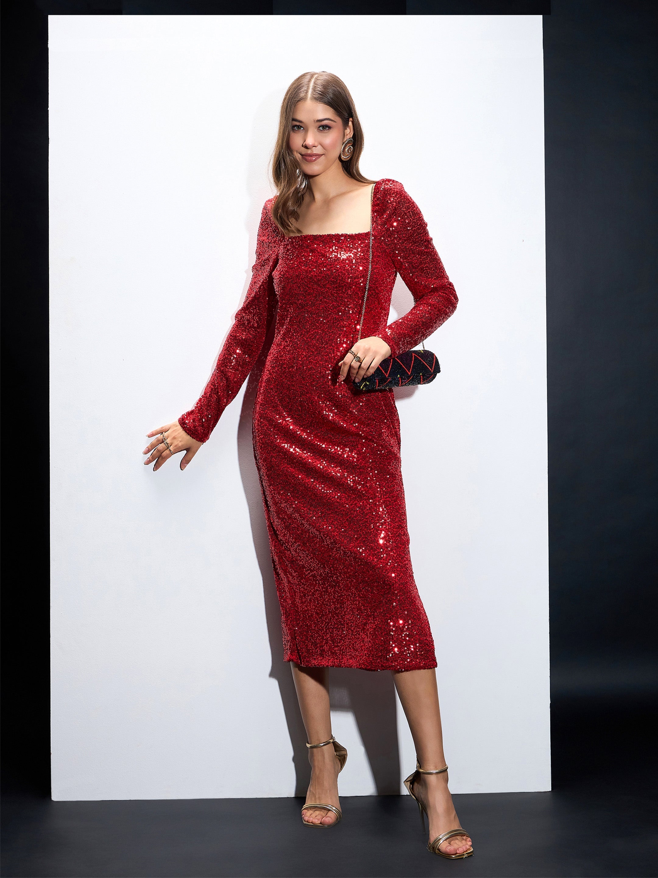 Women Red Sequin Square Neck Midi Dress