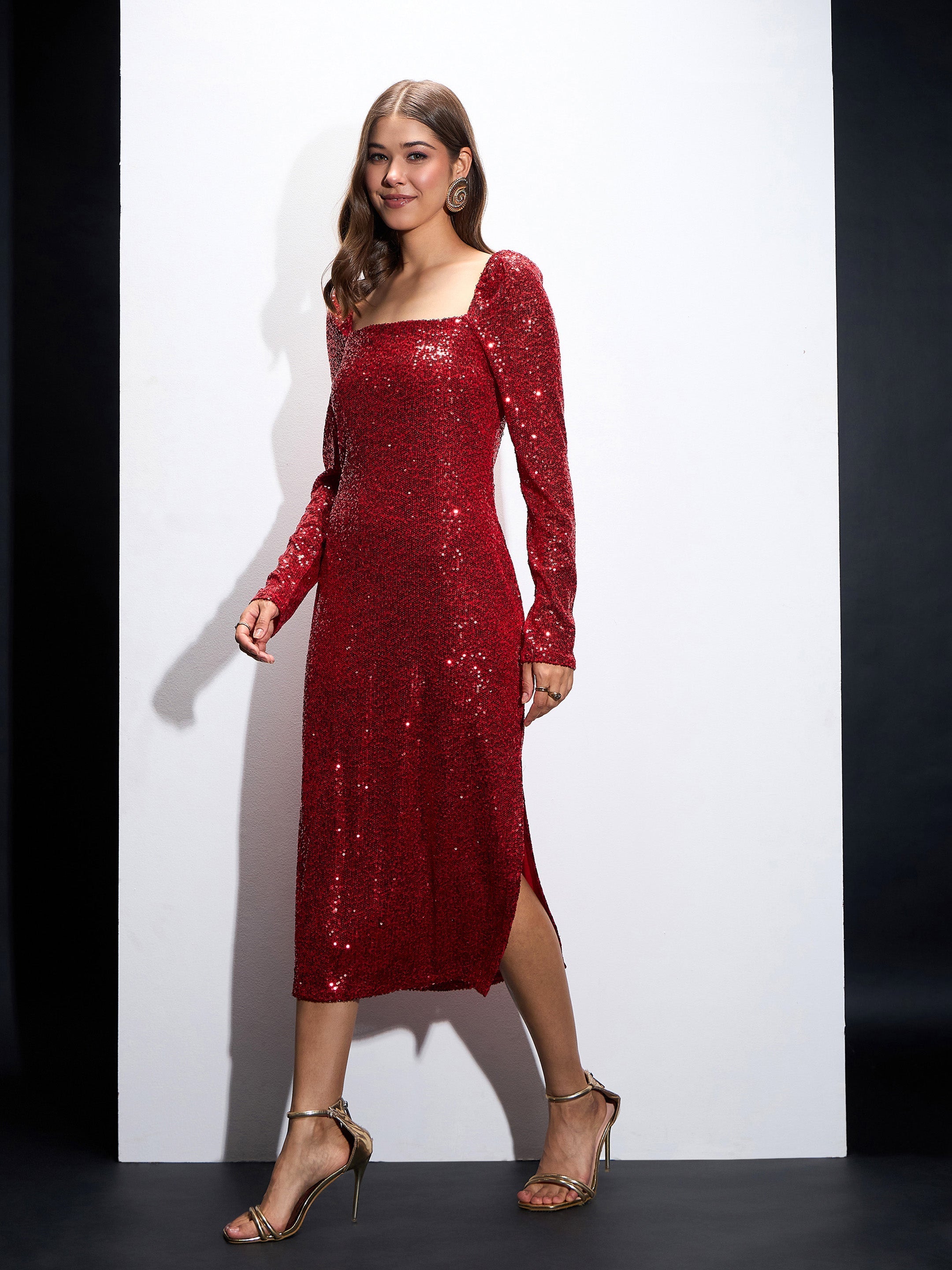 Women Red Sequin Square Neck Midi Dress