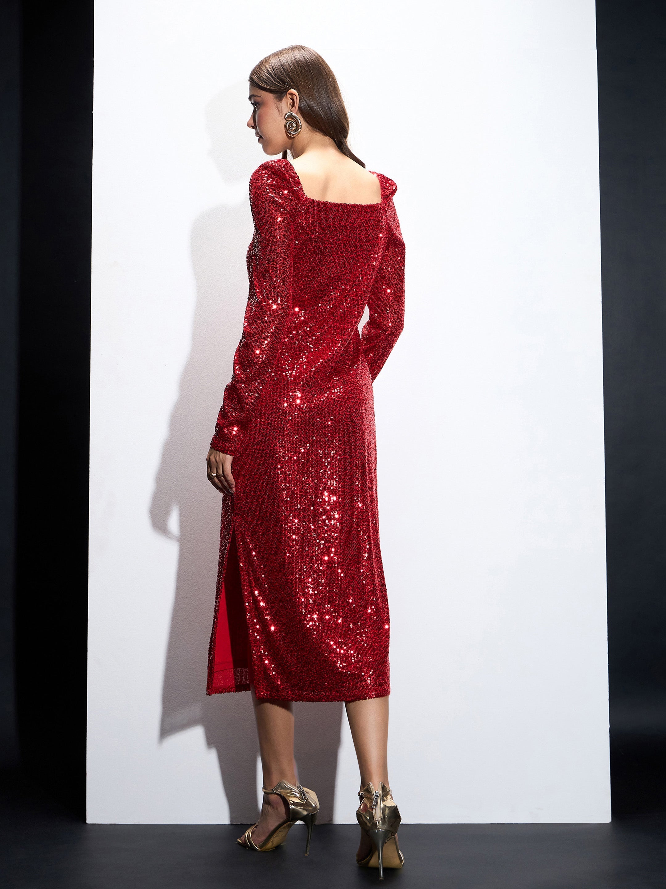 Women Red Sequin Square Neck Midi Dress