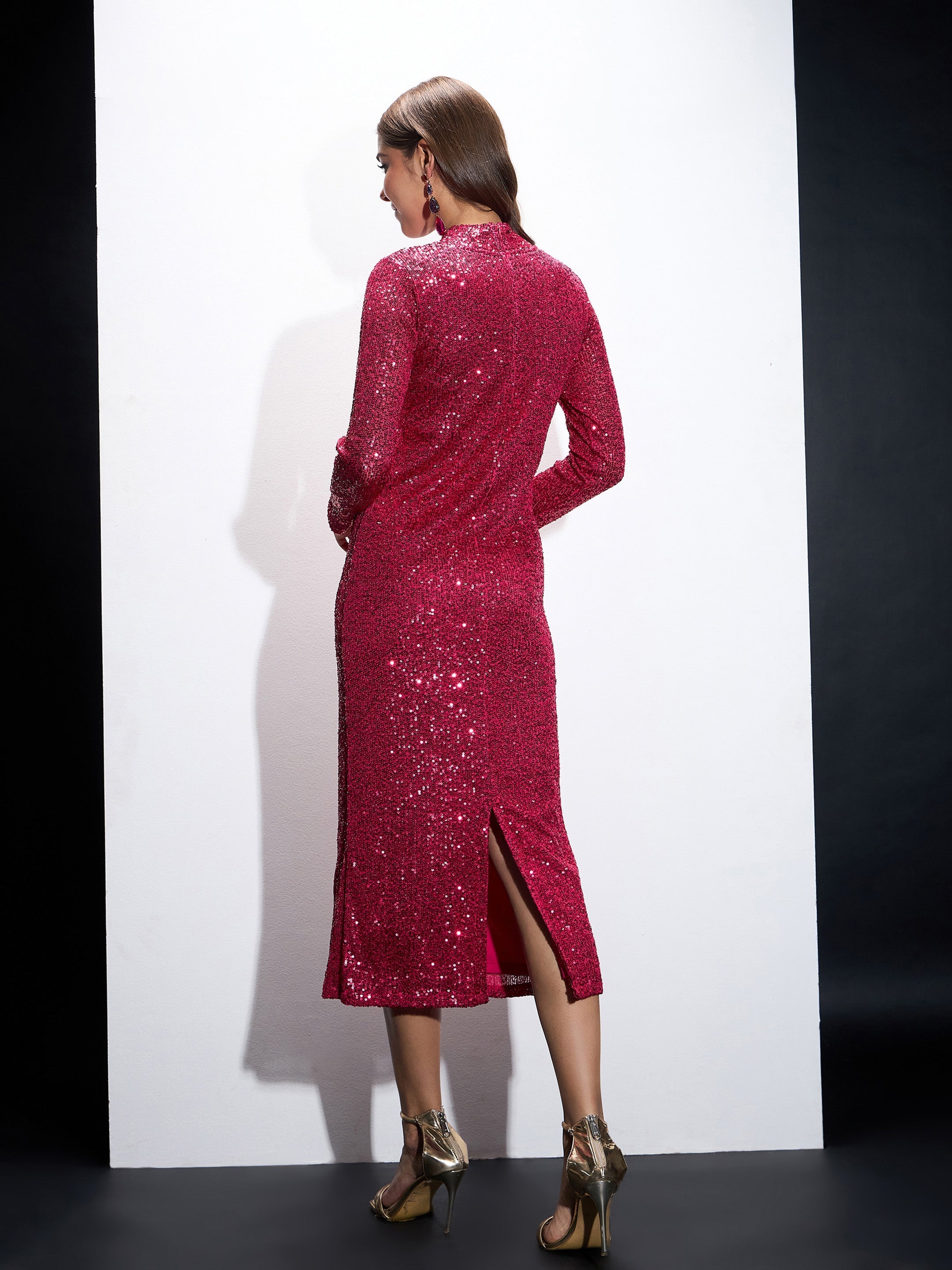 Women Fuchsia Sequin High Neck Midi Dress