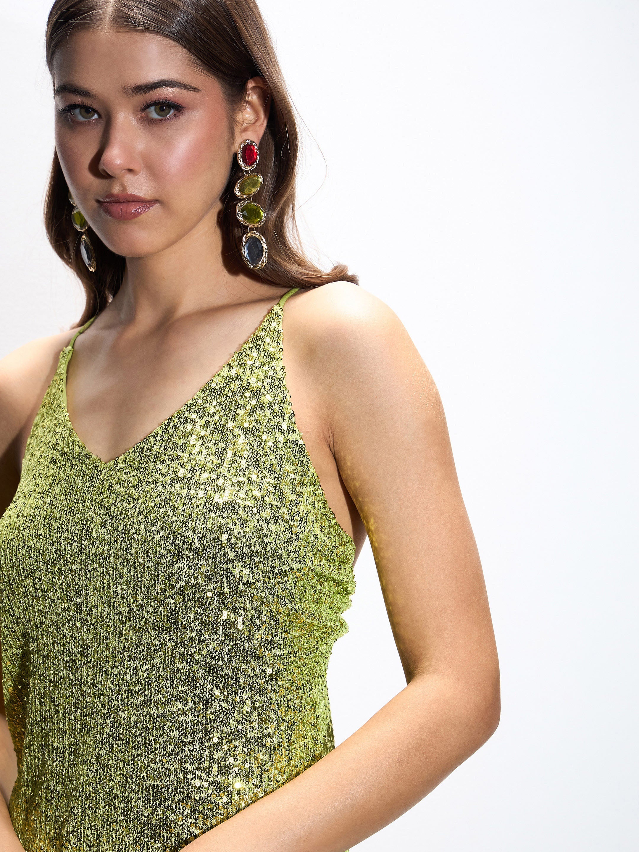 Women Green Sequin Strappy Maxi Dress