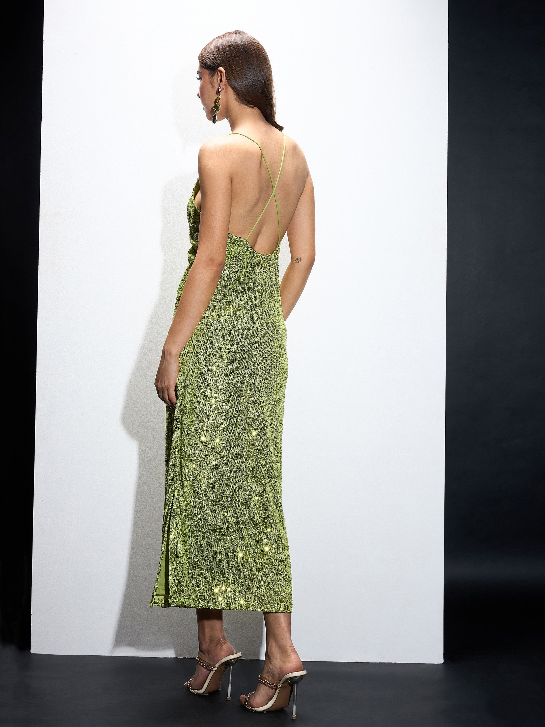 Women Green Sequin Strappy Maxi Dress