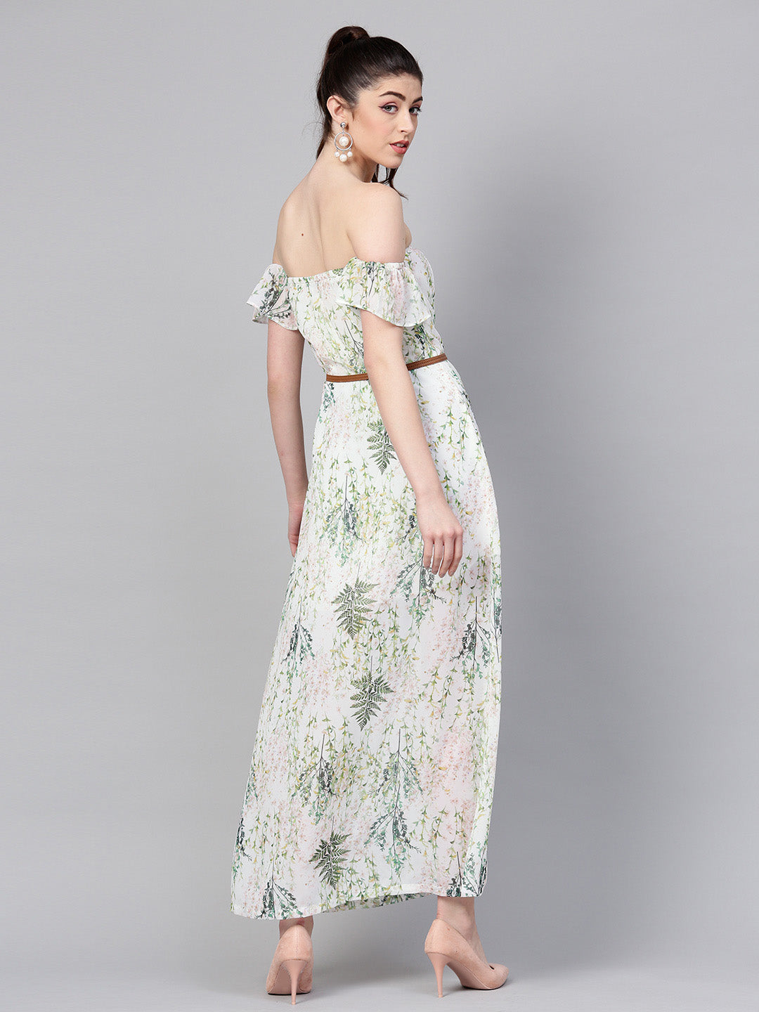 Off-White Floral Off Shoulder Belted Maxi