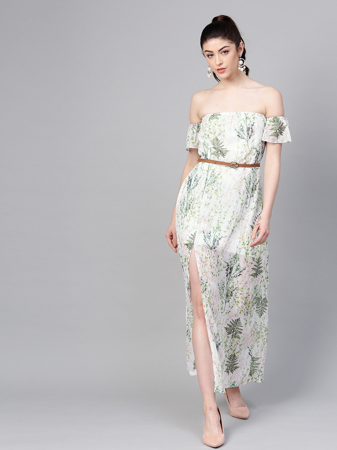 Off-White Floral Off Shoulder Belted Maxi