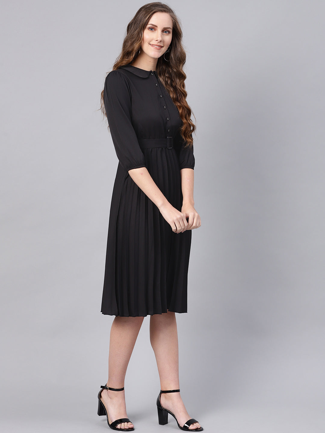 Black Peterpan Belted Pleated Midi Dress