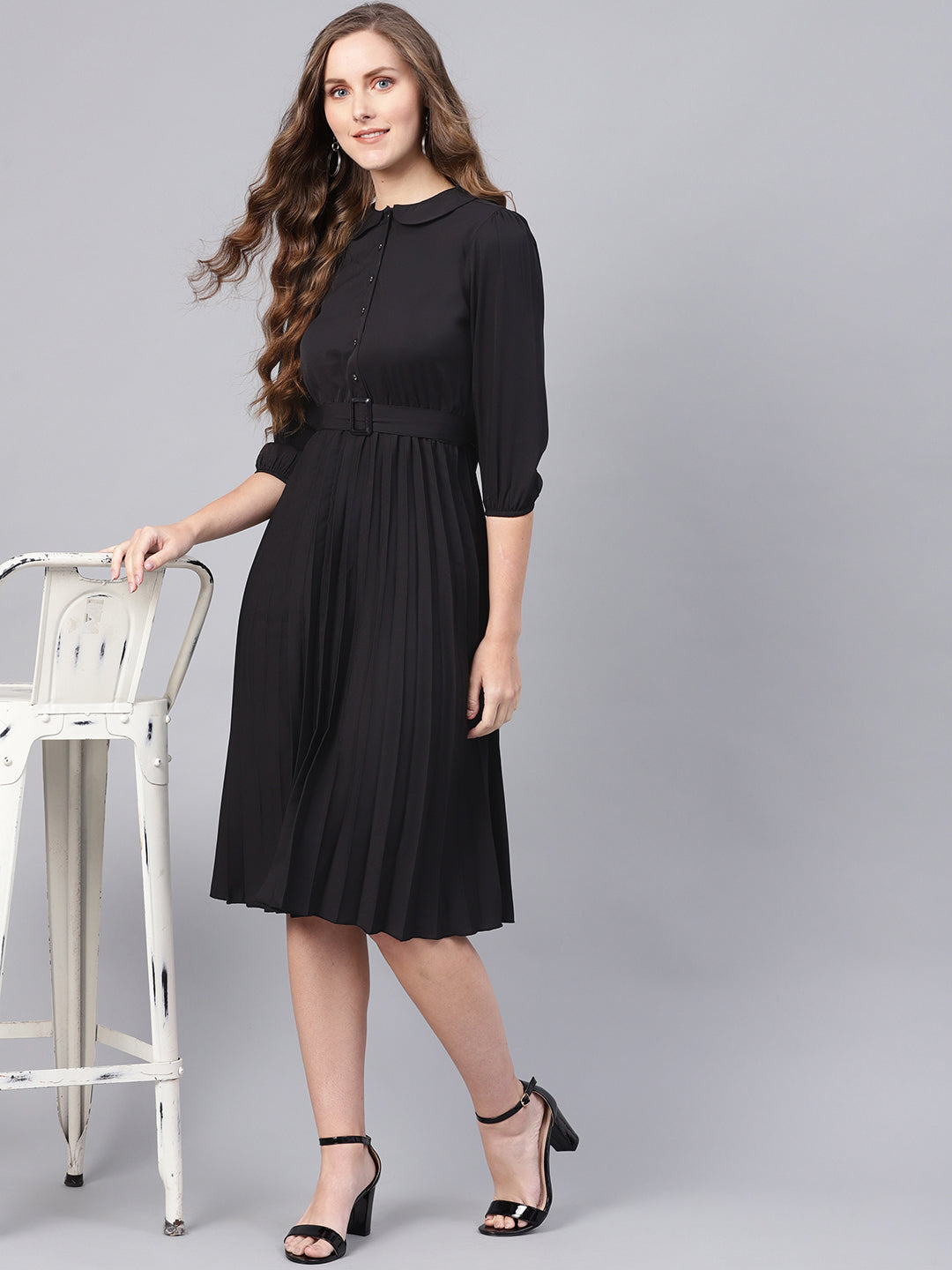 Black Peterpan Belted Pleated Midi Dress