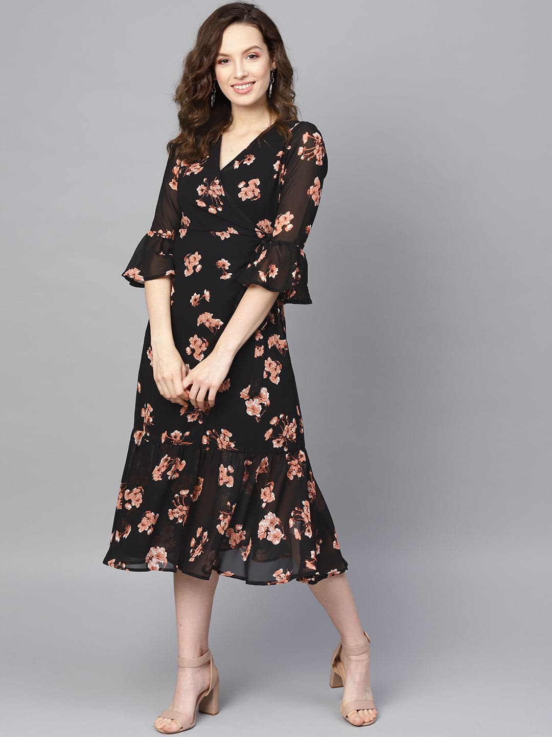 Black Floral Wrap Tie Dress