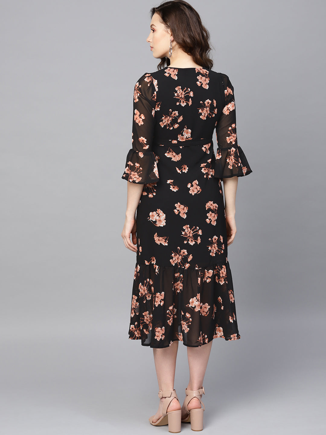 Black Floral Wrap Tie Dress