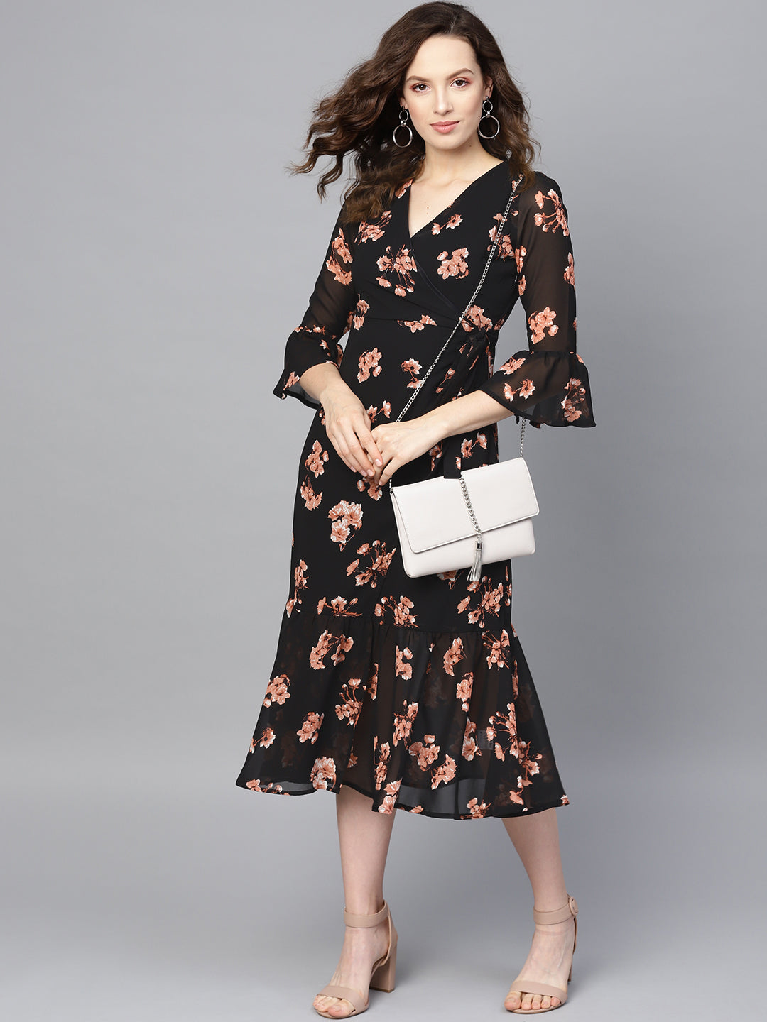 Black Floral Wrap Tie Dress