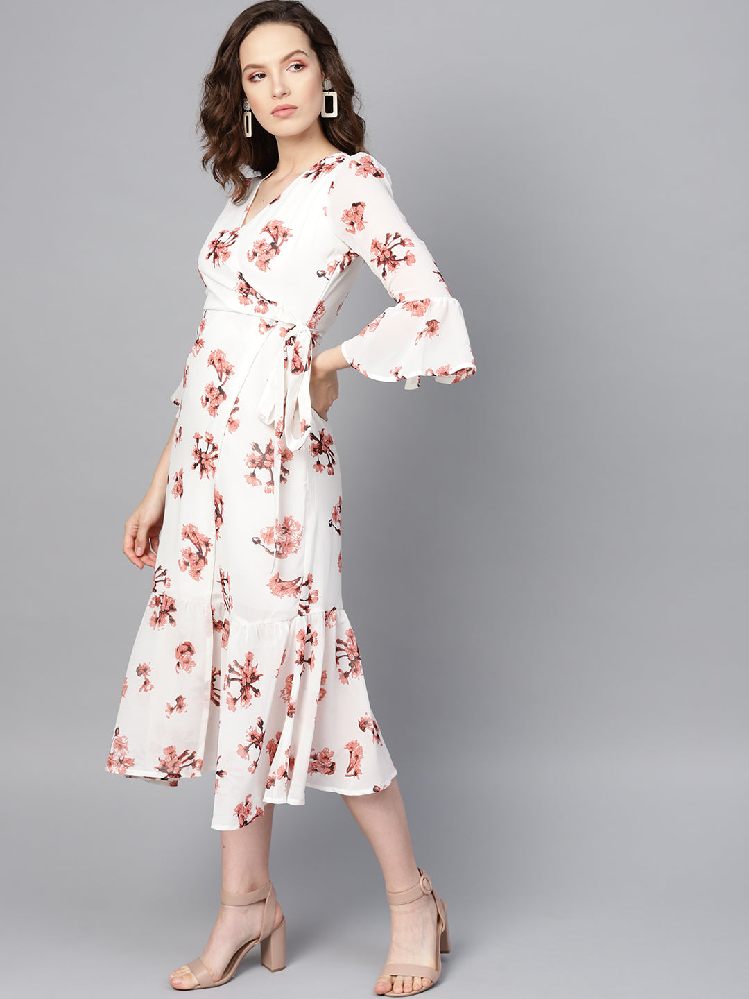 White Floral Wrap Tie Dress