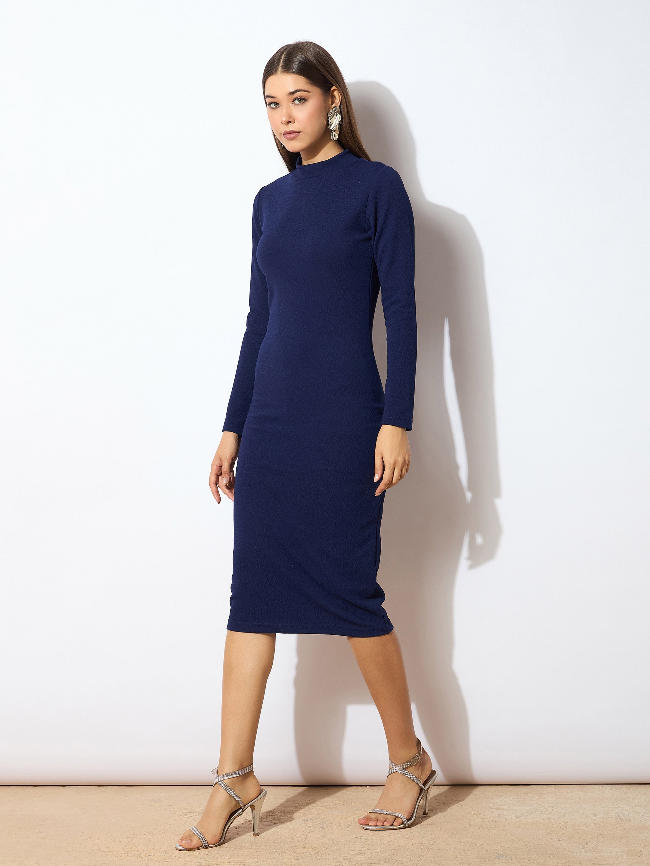 Women Navy High Neck Bodycon Midi Dress