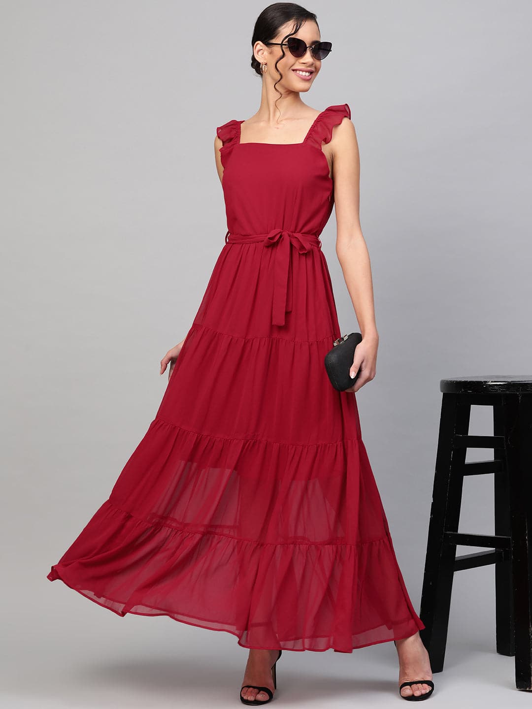 Red Strappy Frill Tiered Maxi