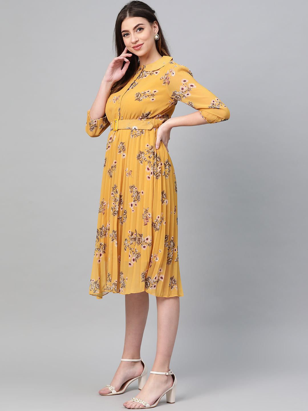 Mustard Floral Peterpan Collar Pleated Dress