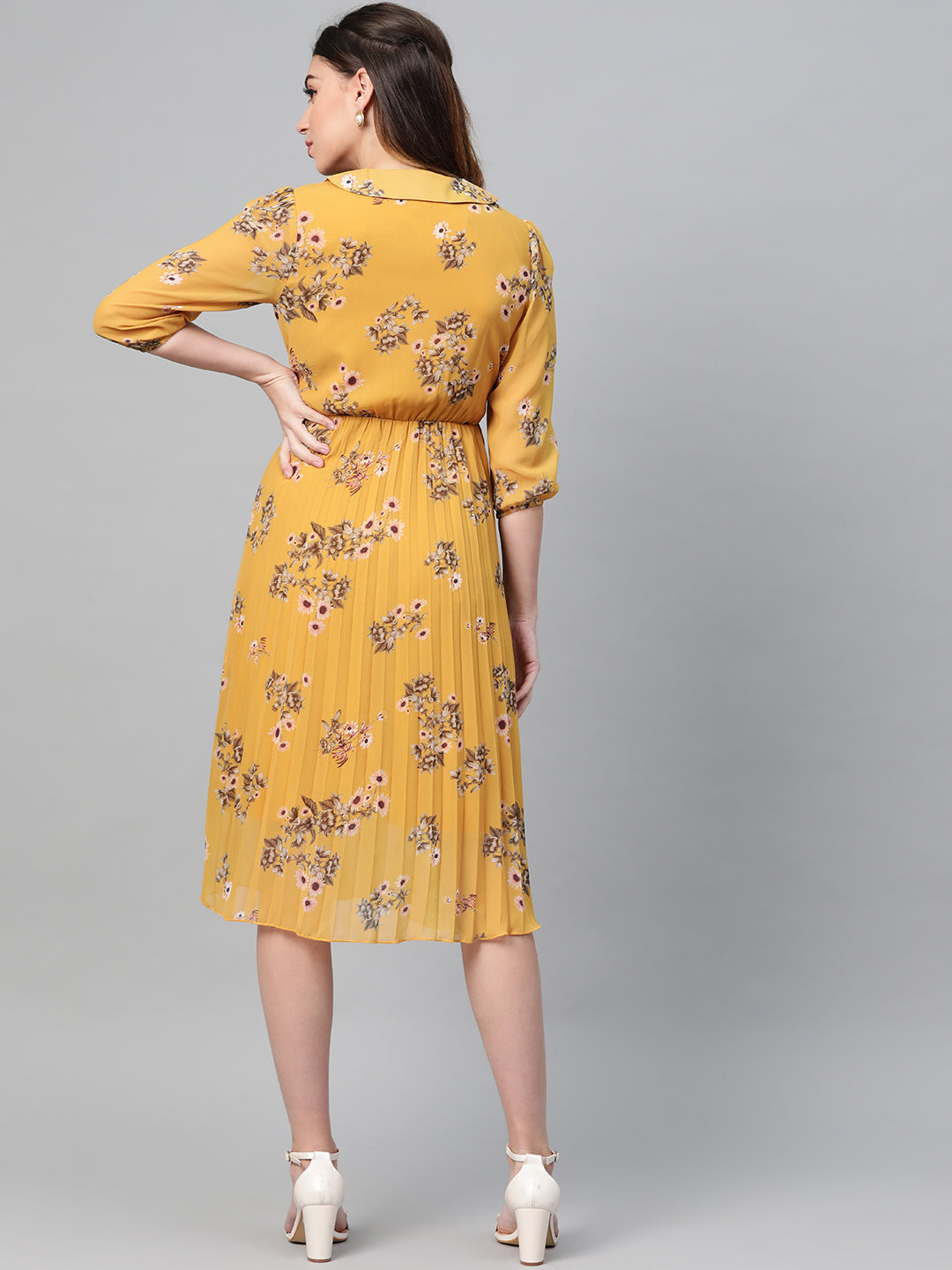 Mustard Floral Peterpan Collar Pleated Dress