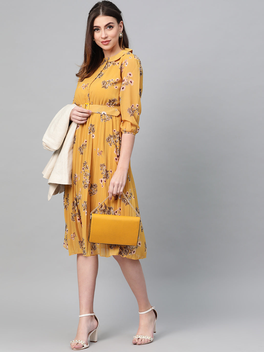 Mustard Floral Peterpan Collar Pleated Dress