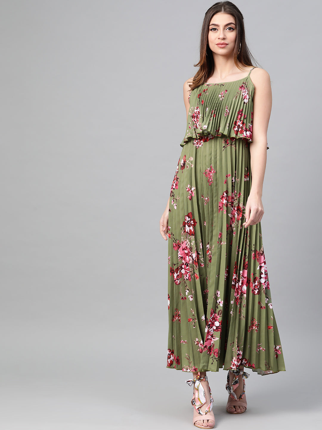 Olive Floral Strappy Pleated Maxi Dress