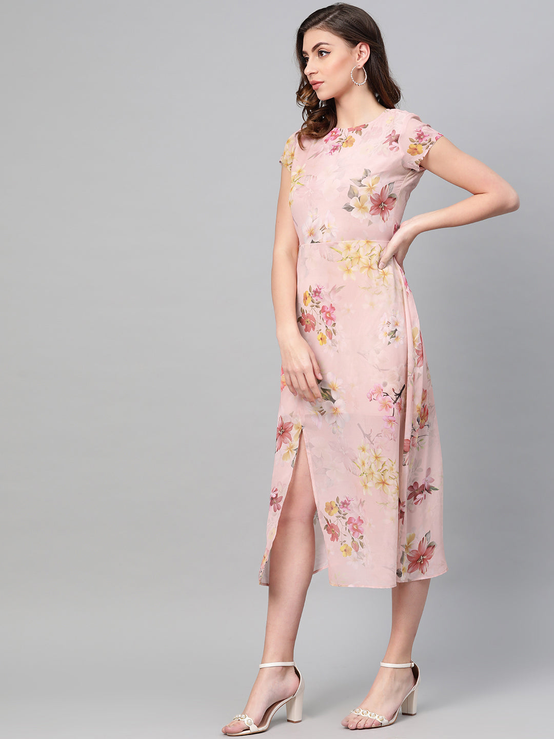 Peach Floral Back Cut Out Dress