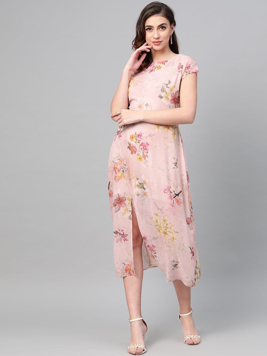 Peach Floral Back Cut Out Dress