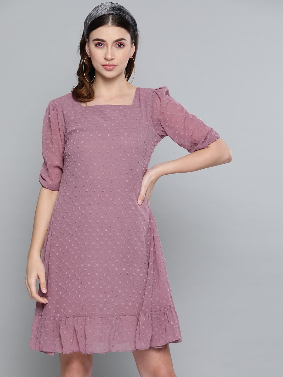 Purple Dobby Frill Hem Short Dress