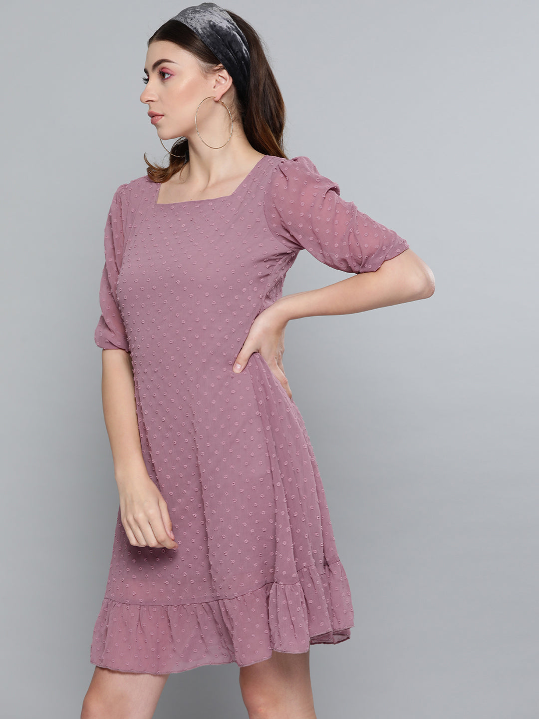 Purple Dobby Frill Hem Short Dress