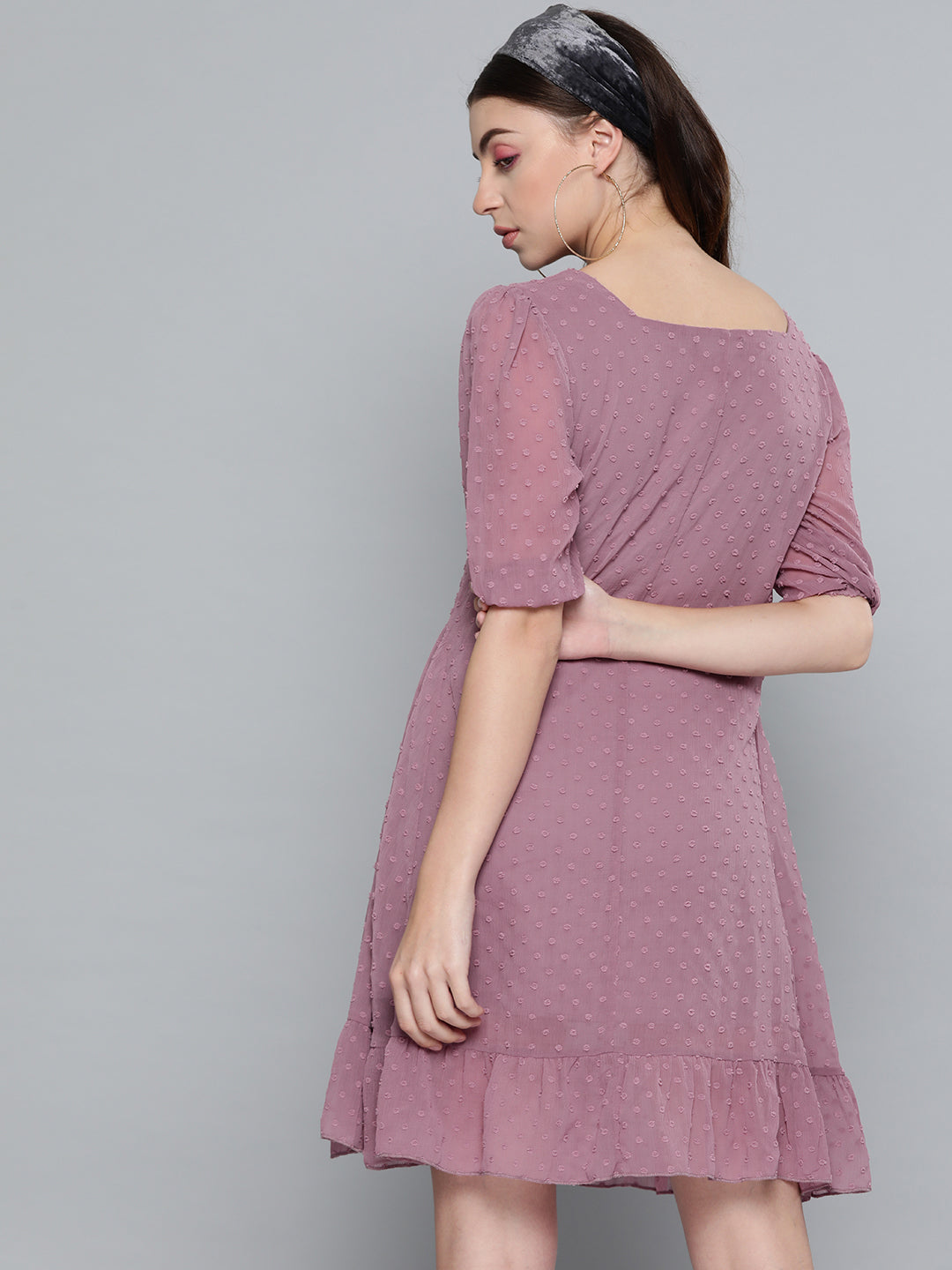 Purple Dobby Frill Hem Short Dress