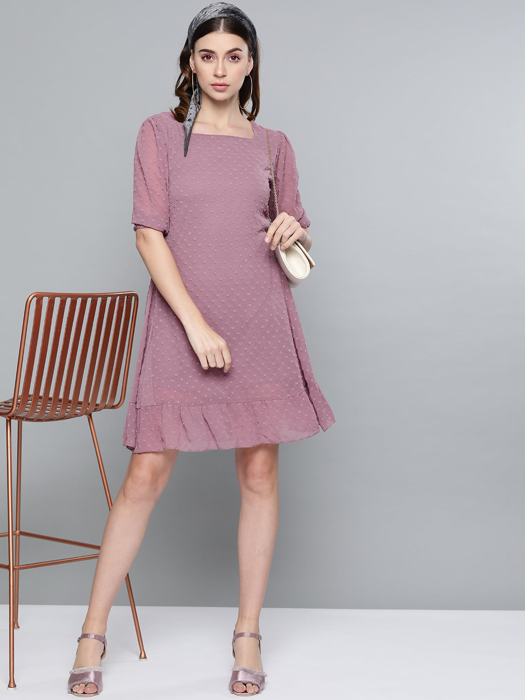 Purple Dobby Frill Hem Short Dress