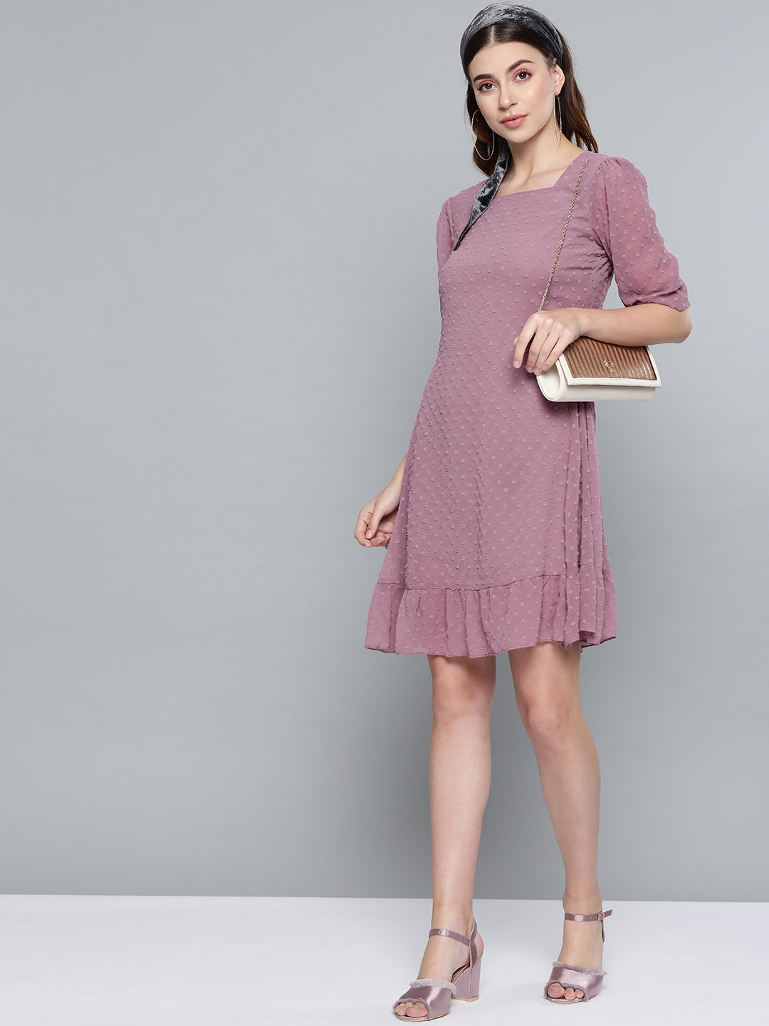 Purple Dobby Frill Hem Short Dress