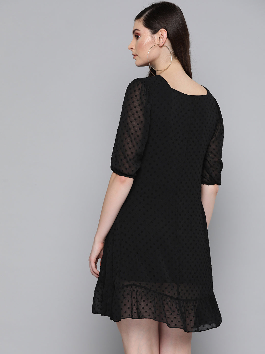 Black Dobby Frill Hem Short Dress