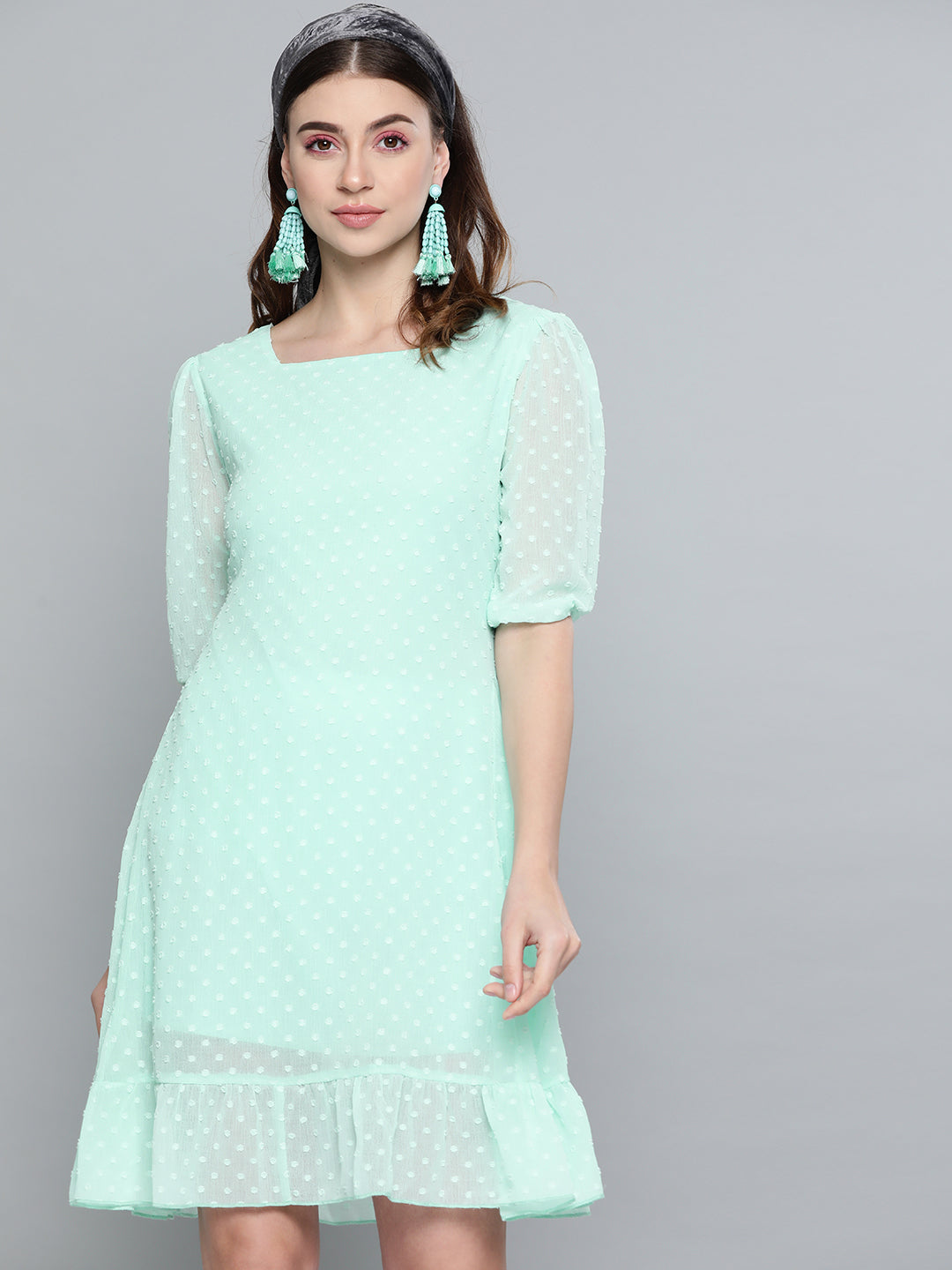 Mint Green Dobby Frill Hem Short Dress