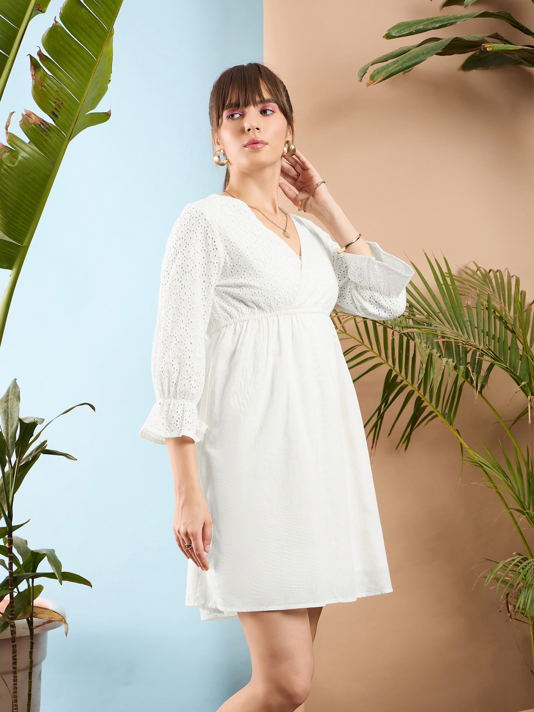 Women White Schiffli Shift Dress