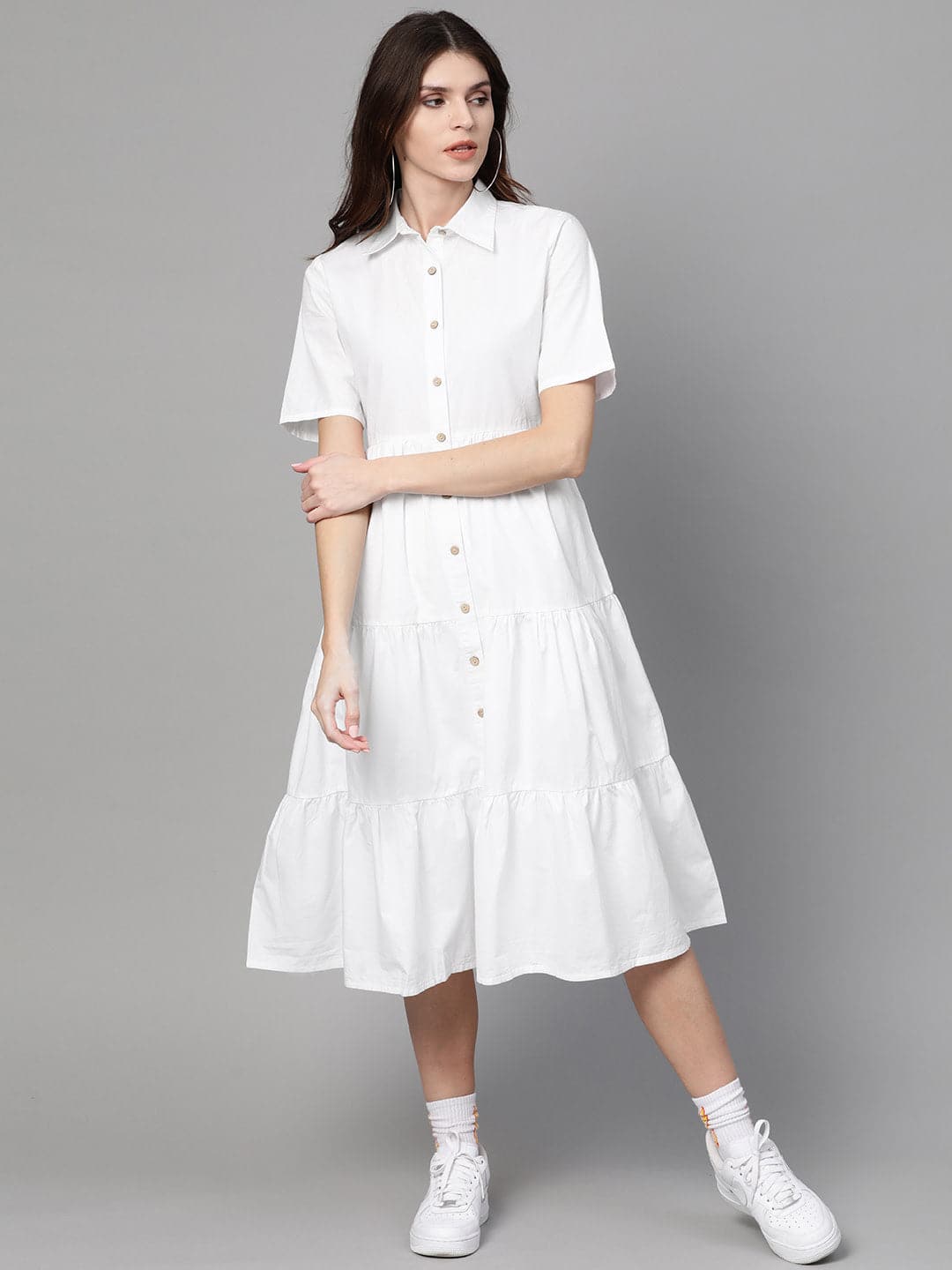 White Tiered Shirt Dress