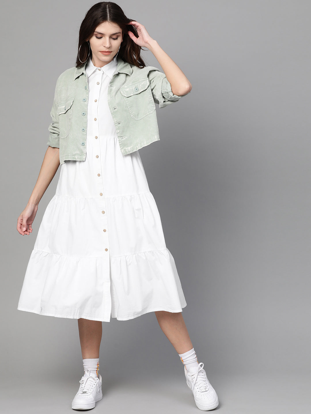 White Tiered Shirt Dress