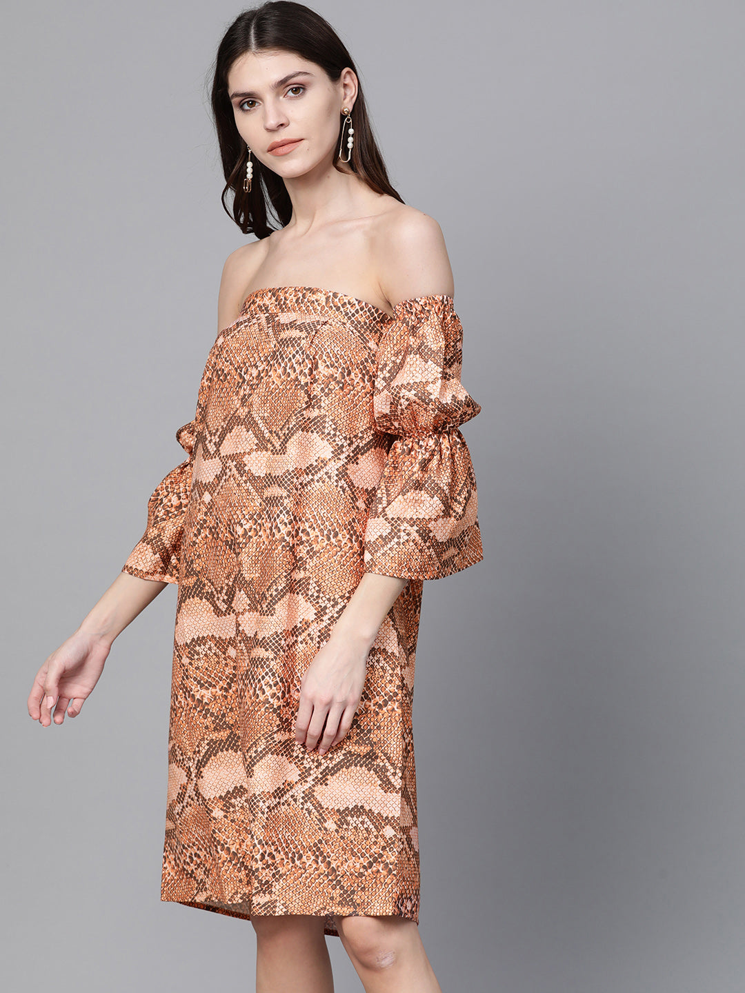 Brown Snake Print Bardot Shift Dress